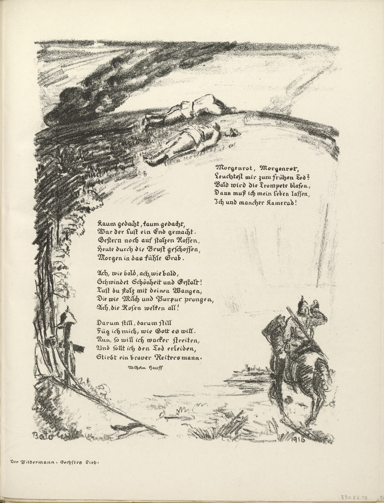 Untitled, illustration to Wilhelm Hauff's poem "Dawn's Light" (Morgenrot, Morgenrot) (border, 6th song, folio 44) from the periodical Der Bildermann, supplement to vol. 1, no. 11 (Sep 1916)