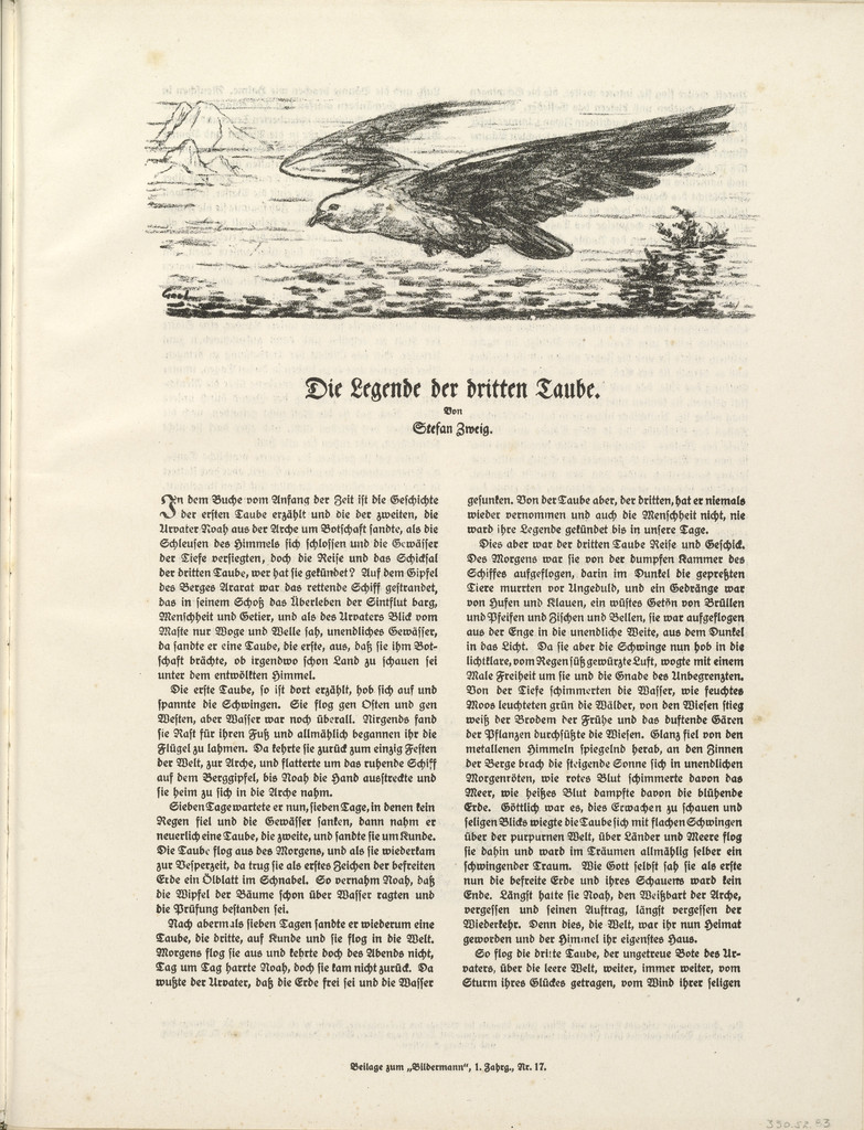 Untitled, illustration to Stefan Zweig's "The Legend of the Third Dove" (headpiece, folio 56) from the periodical Der Bildermann, supplement to vol. 1, no. 17 (Dec 1916)