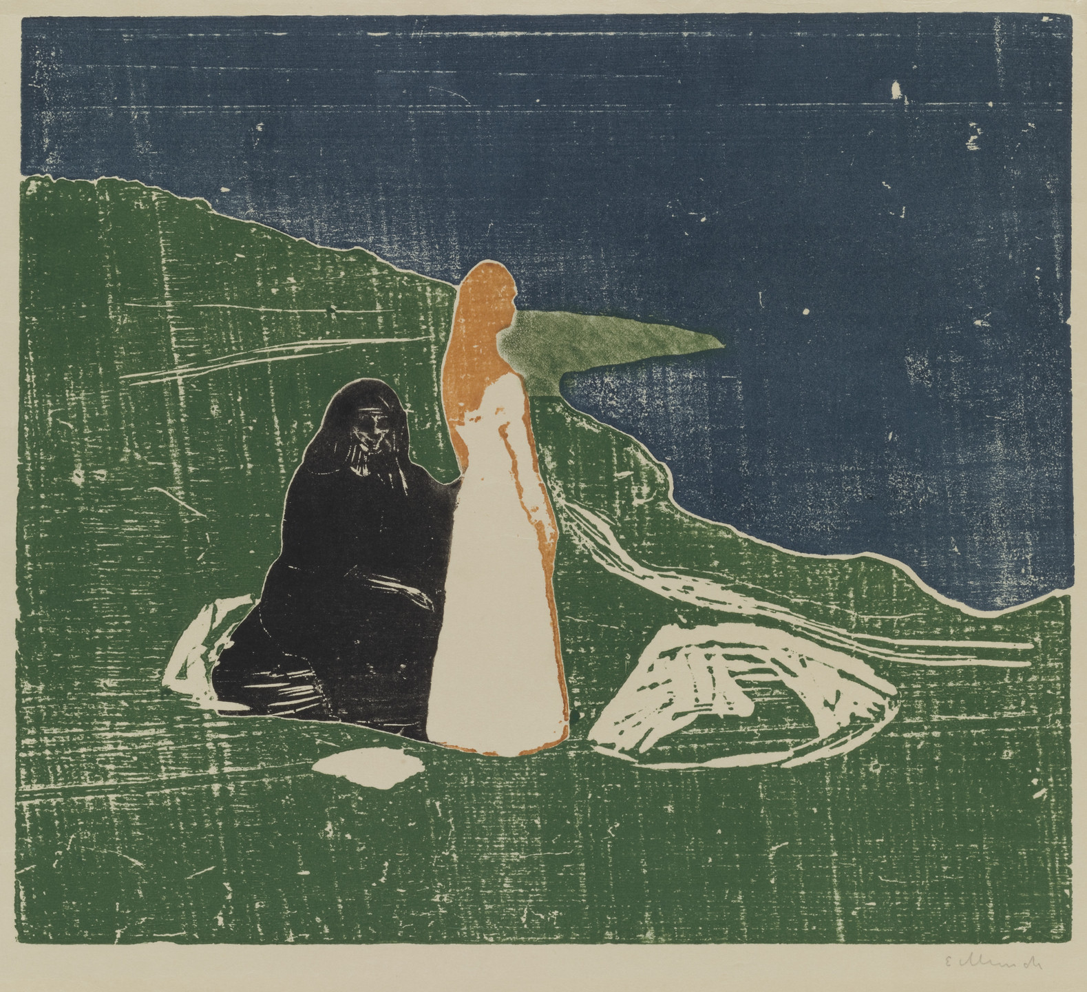 The image depicts two figures near a body of water, with one figure in black and the other in white and orange. The background features green hills and a deep blue sky or sea. This is an AI generated description. To give feedback, email ai@moma.org.