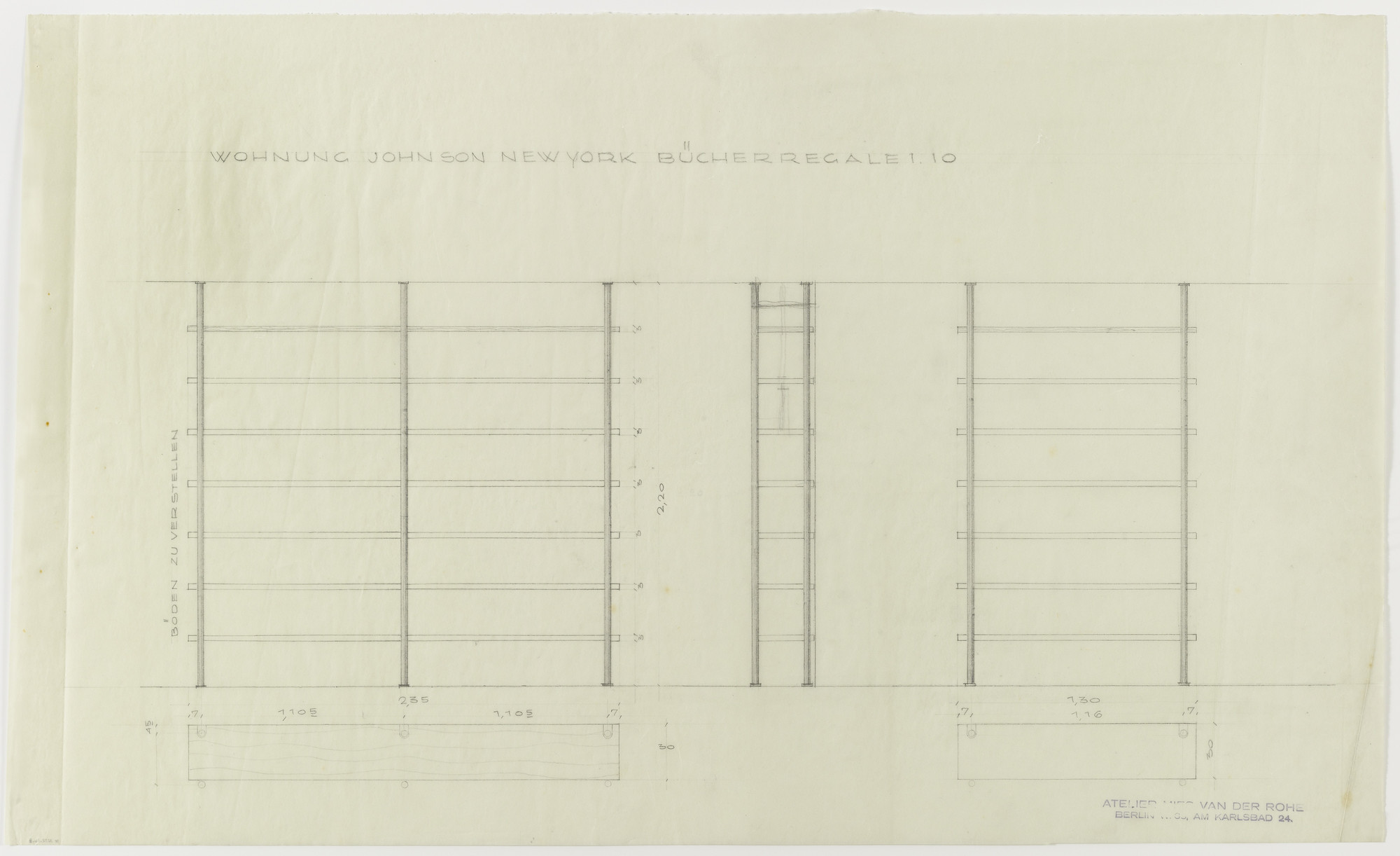 Ludwig Mies van der Rohe, Lilly Reich. Philip Johnson Apartment, New York, NY (Two bookcases: plans, elevations, section). 1930-1931