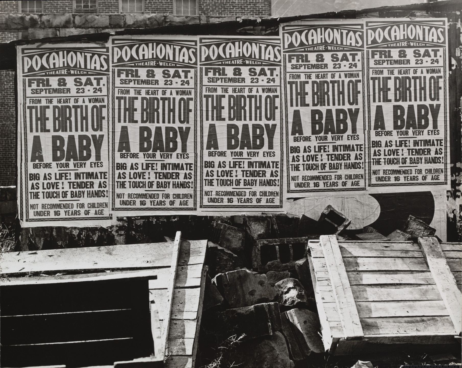 Marion Post Wolcott. Movie Advertisement on the Side of a Building, &#34;Birth of a Baby,&#34; Welch, West Virginia. 1938