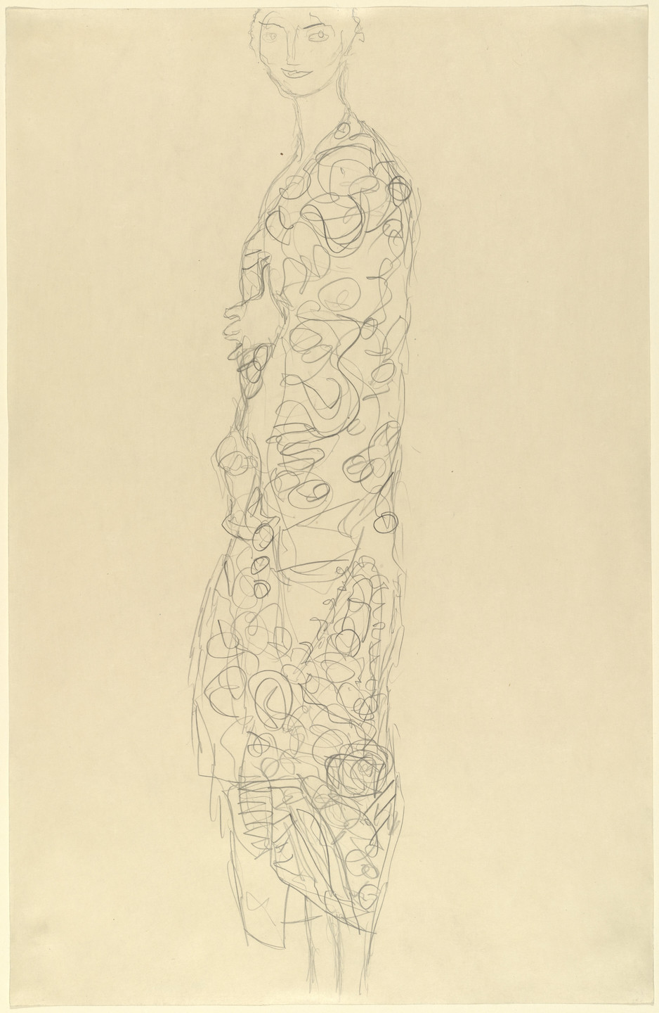 A pencil sketch features a human figure standing with a faint smile and eyes facing forward, set against an offwhite background. Intricate, swirling lines make up the figure’s clothing and slightly bent arm. This is an AI generated description. To give feedback, email ai@moma.org.