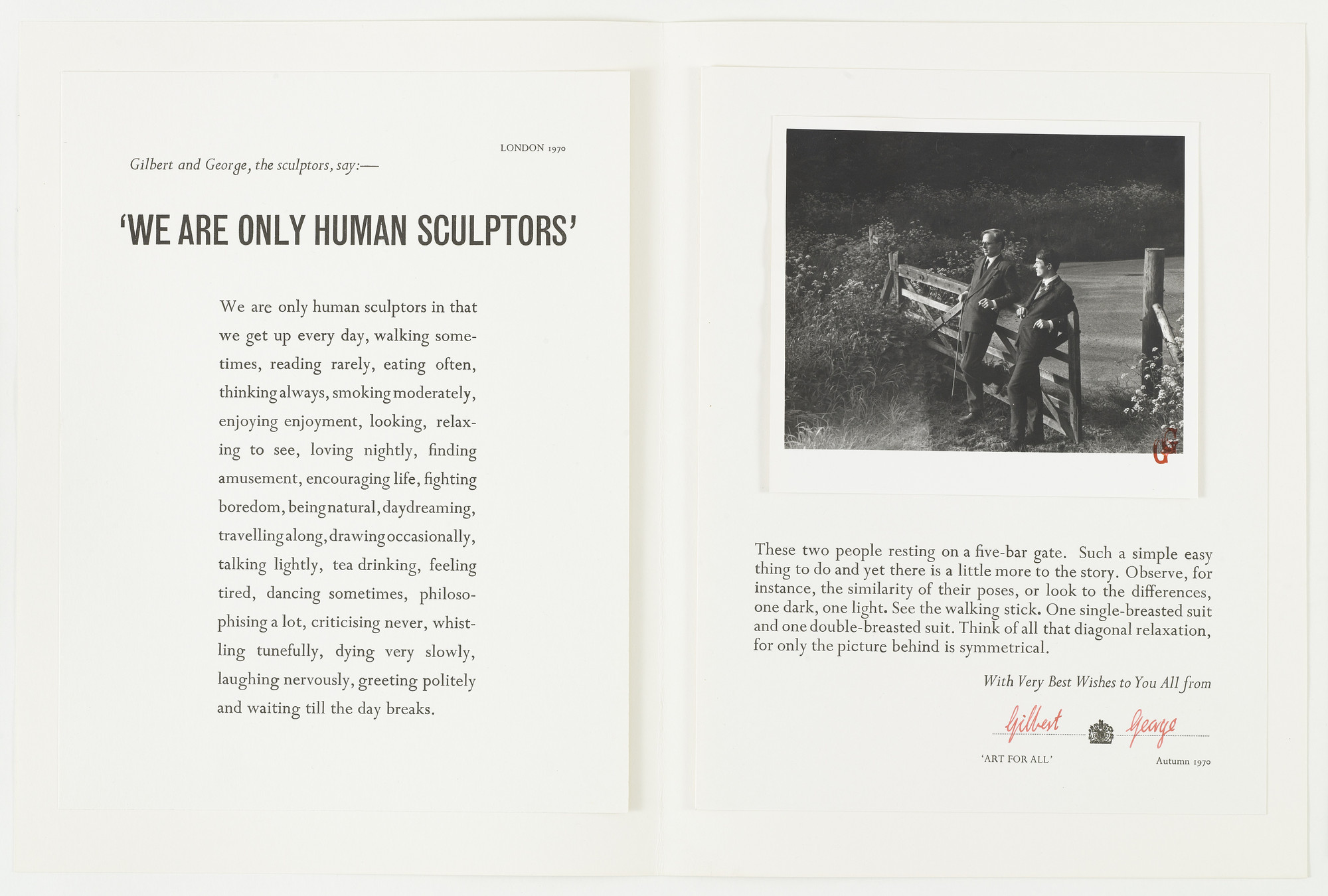 Gilbert &amp; George. Two Text Pages Describing Our Position. 1970