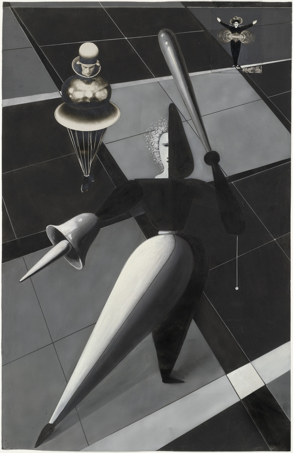 The image features a figure with elongated limbs holding geometric shapes, predominantly in black, white, and grey tones, set against a checkered grey and white grid. Two smaller figures float nearby: one resembling the shape of an ice cream cone and another with their arms raised. This is an AI generated description. To give feedback, email ai@moma.org.