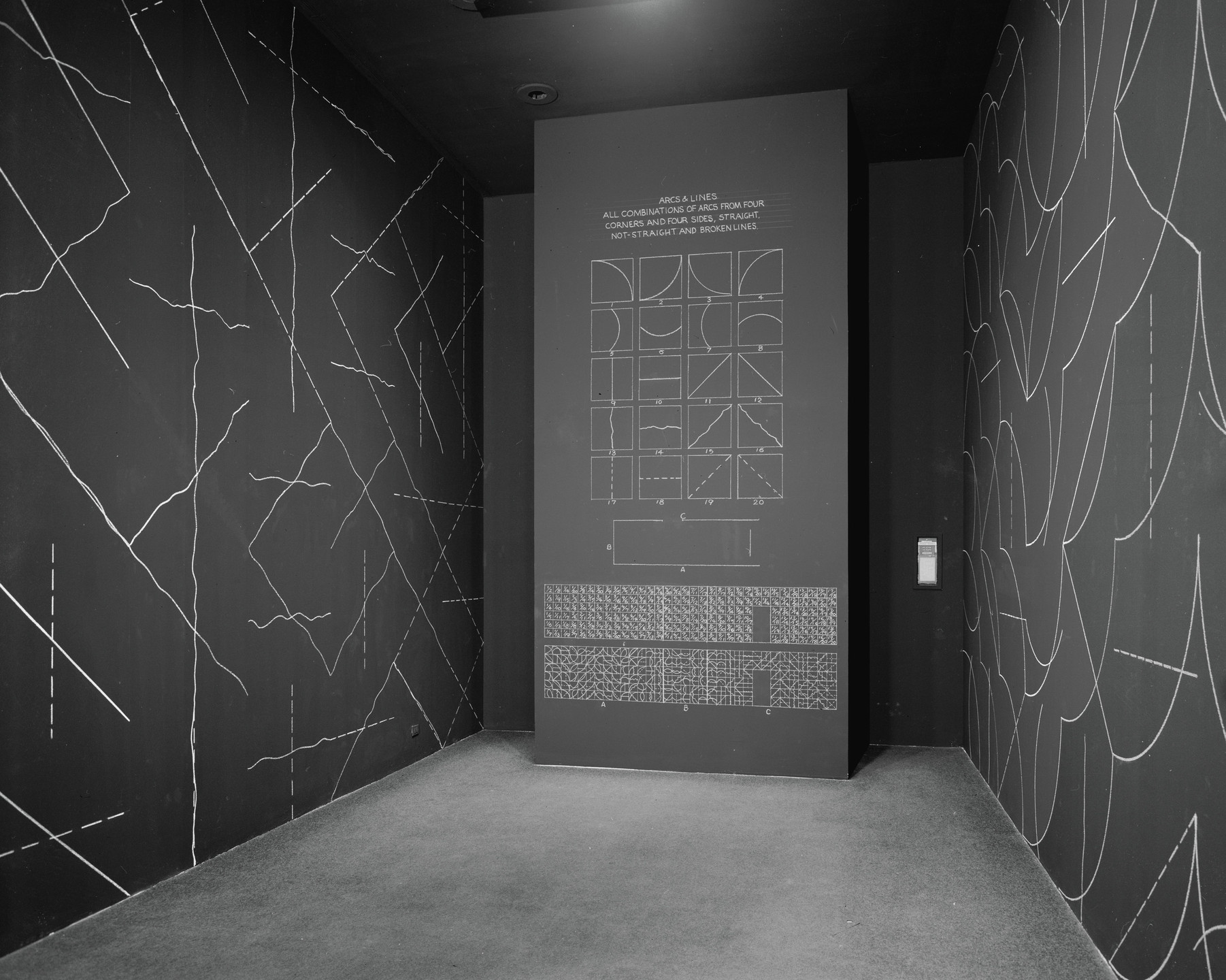 Sol LeWitt. Wall Drawing #260, On Black Walls, All Two-Part Combinations of White Arcs from Corners and Sides, and White Straight, Not-Straight, and Broken Lines. 1975