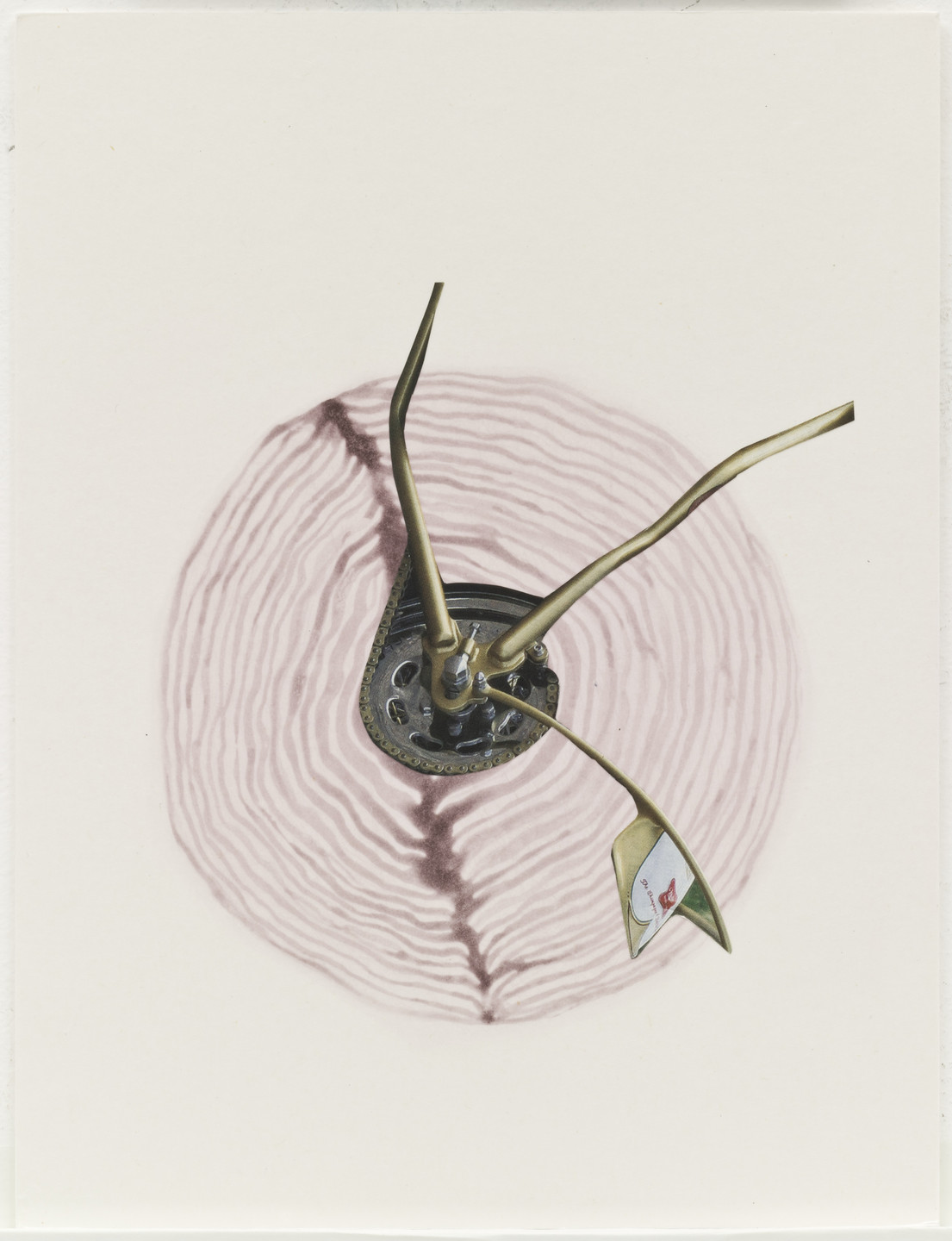 The image features a mechanical object with long, thin, curved metal rods emerging from a central circular part, set against a background with a series of pinkish concentric rings. A small part of a leaf-like structure with a red detail is attached to one of the rods. This is an AI generated description. To give feedback, email ai@moma.org.