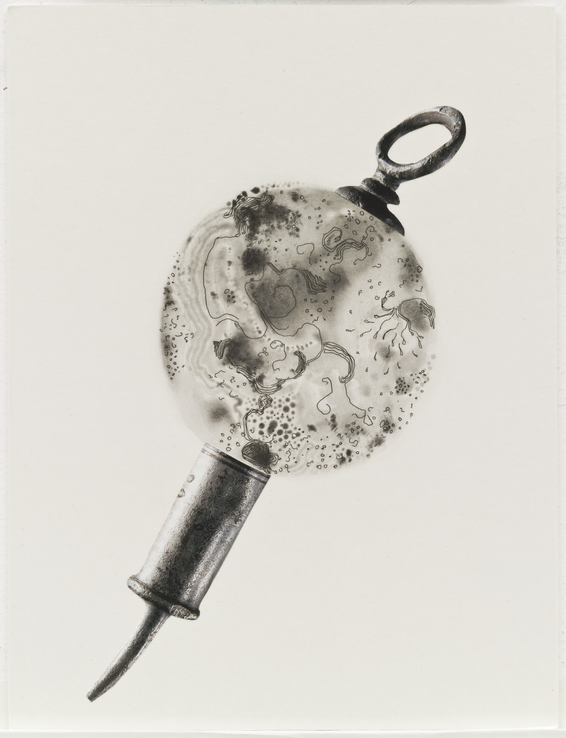A black and white drawing depicts a lightbulb with intricate organic and wavy patterns inside. The bulb has a metallic base and is set against a plain white background. This is an AI generated description. To give feedback, email ai@moma.org.