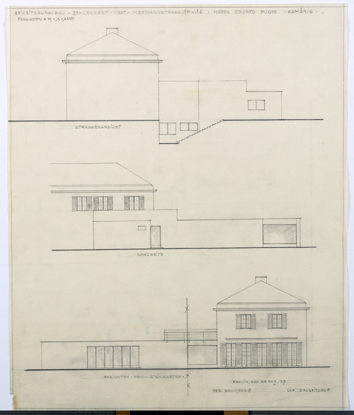 Ludwig Mies van der Rohe. Fuchs Addition to Perls House, Berlin-Zehlendorf, Germany, Three elevations. 1928