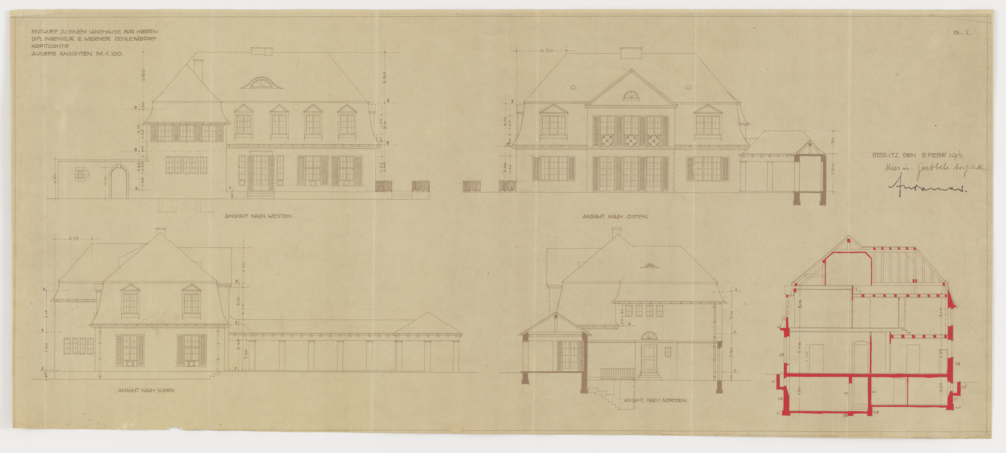 Ludwig Mies van der Rohe. Werner House, Berlin-Zehlendorf, Germany, Four elevations. 1913