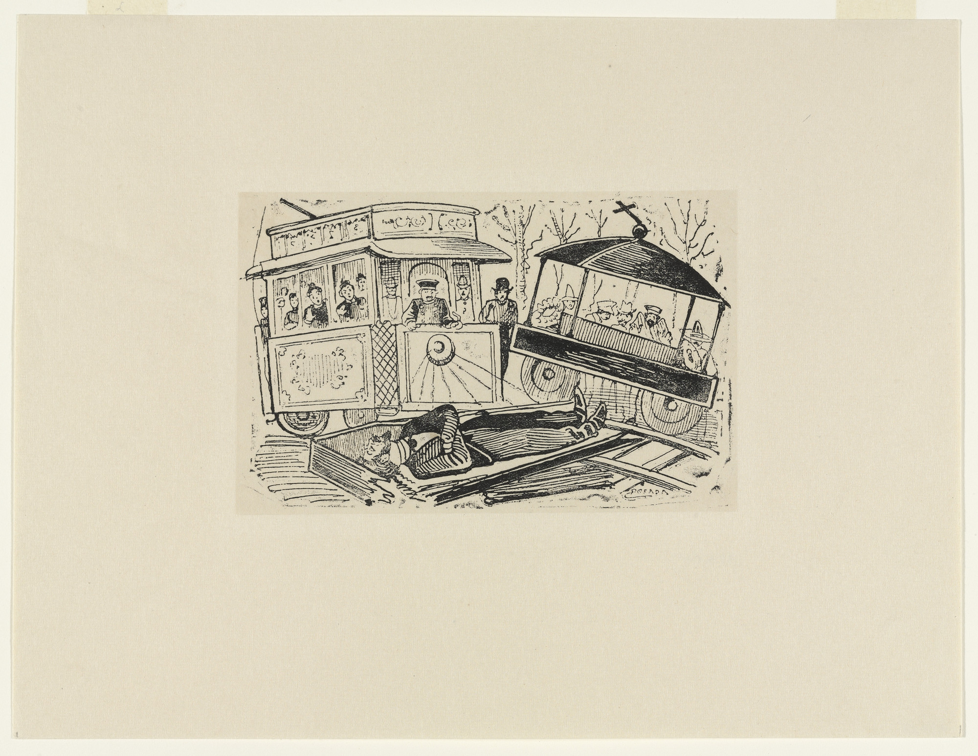 José Guadalupe Posada. A Mishandled Death - Collision Of a Trolley Car With a Hearse (Choque de un électrico con un carro fúnebre)