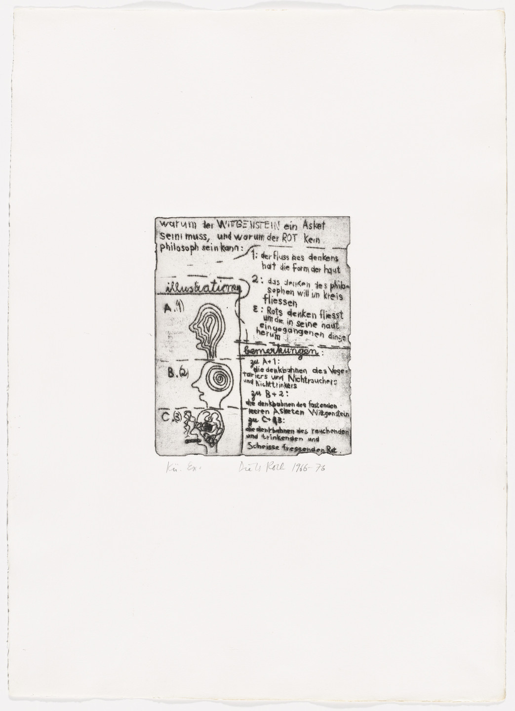 Dieter Roth. Why Wittgentstein has to be an Ascetic and why Rot cannot be a Philosopher (Warum der wittgenstein ein asket sein muß und warum der rot kein philosoph sein kann) from Popular Music 1 (Unterhaltungsmusik 1). 1966, published 1976