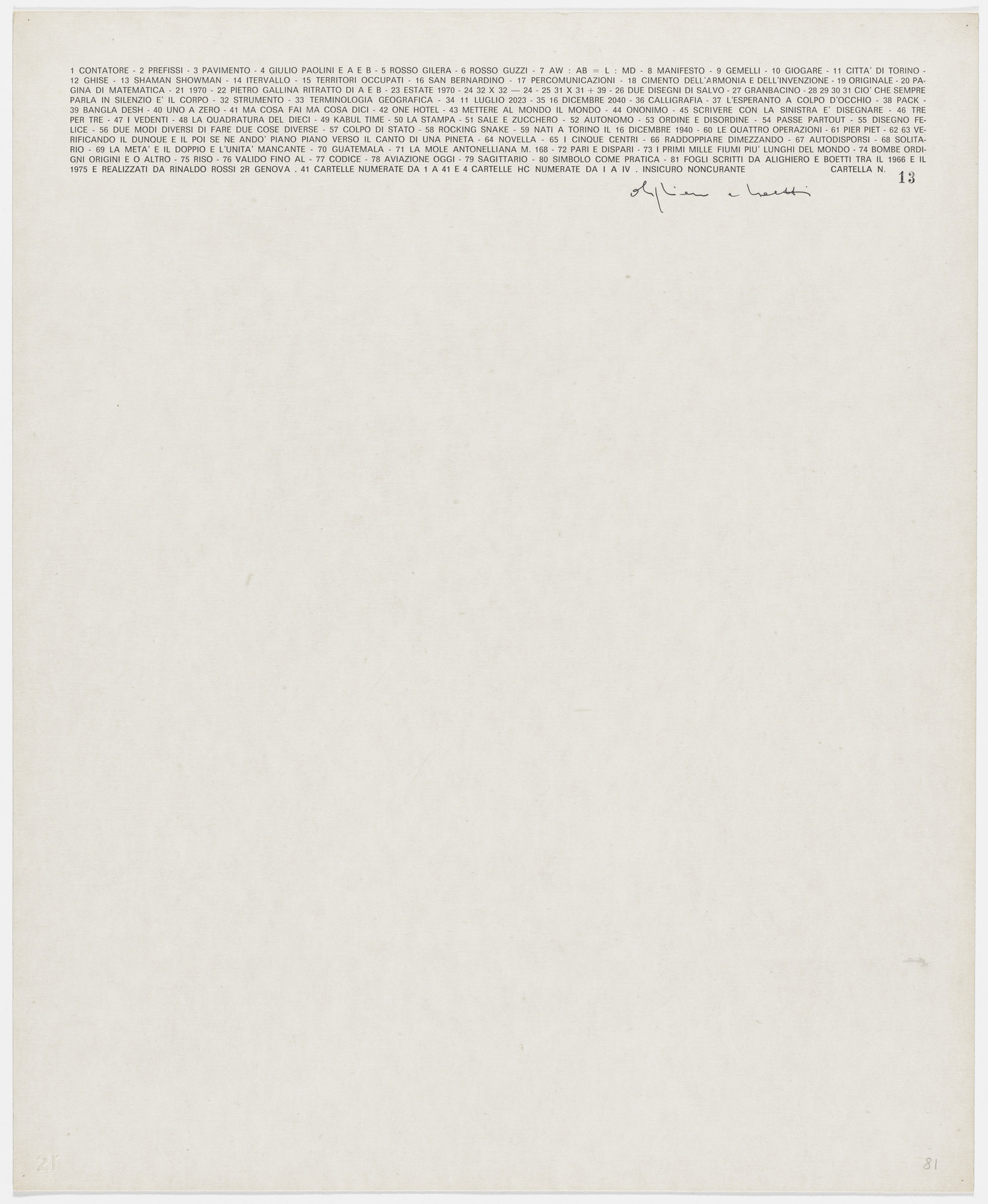 Alighiero Boetti. Colophon from Insicuro Noncurante