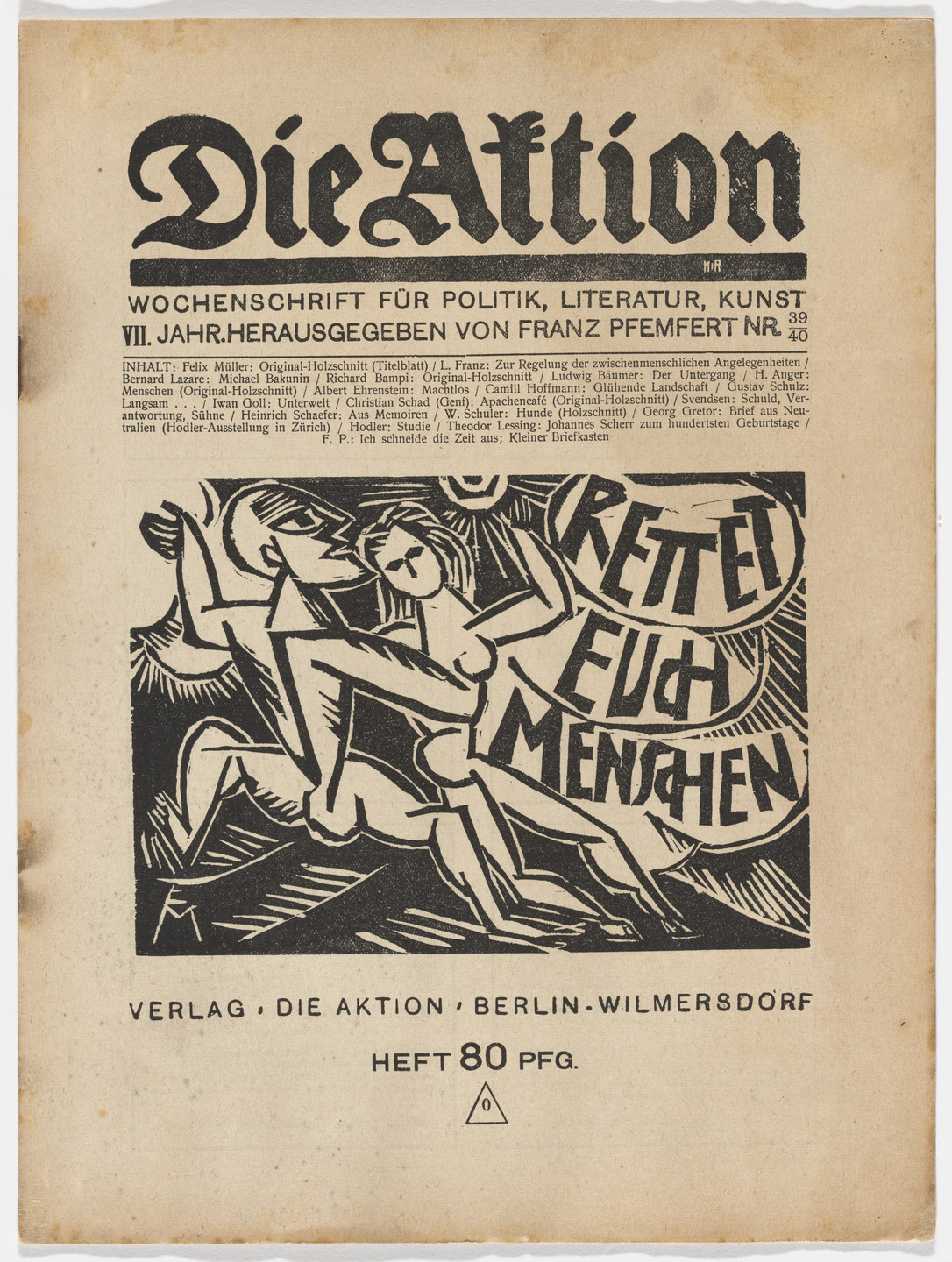 Conrad Felixmüller, Richard Bampi, Herbert Anger, Christian Schad, Wilhelm Schuler. Die Aktion, vol. 7, no. 39/40. October 6, 1917
