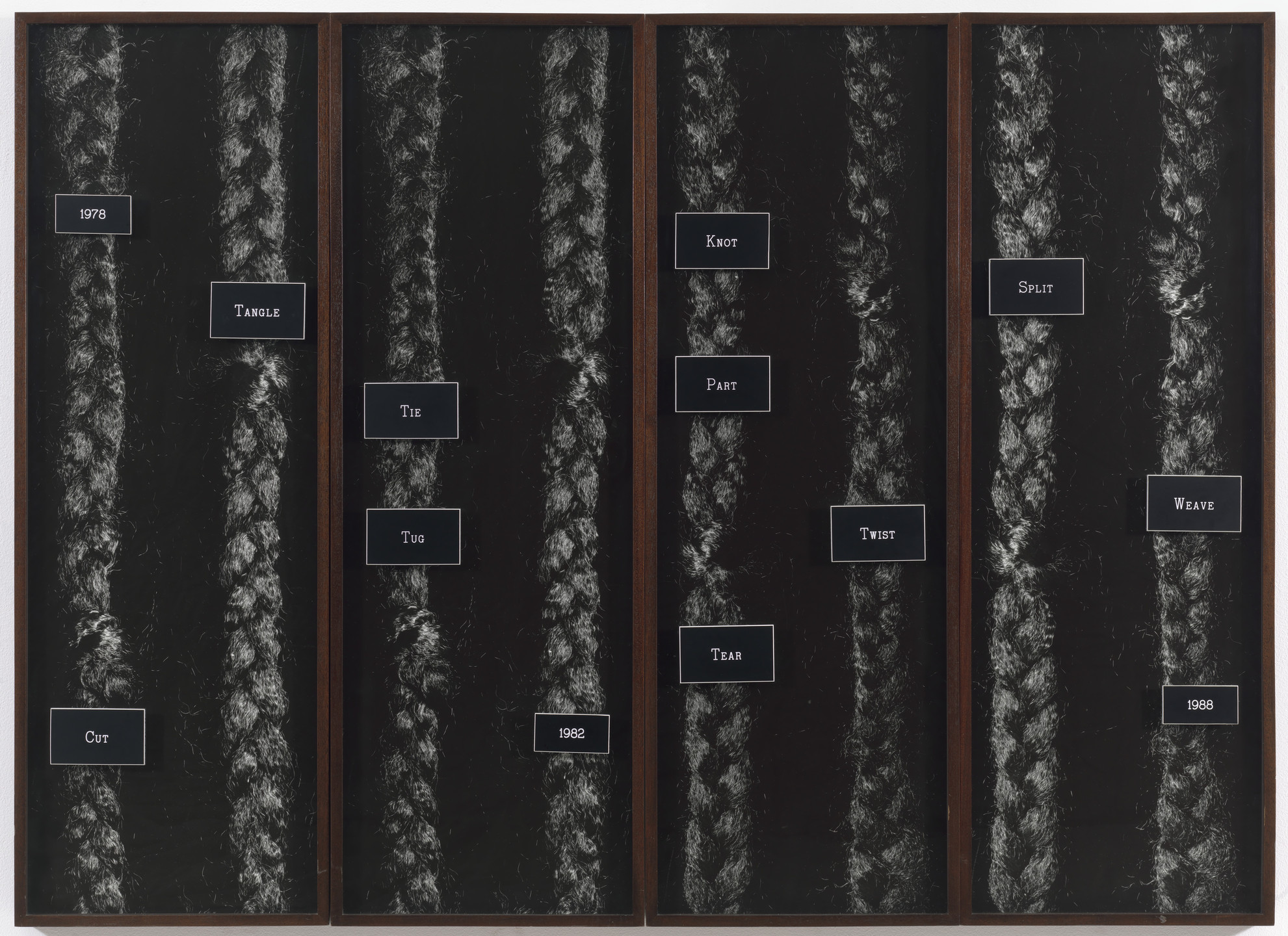 The image consists of four vertical panels with dark backgrounds, each displaying white braided textures in the center. Each panel features small black plaques with white text labeling action words like &#34;Tangle,&#34; &#34;Tie,&#34; &#34;Knot,&#34; &#34;Split,&#34; and years &#34;1978&#34; and &#34;1988.&#34; This is an AI generated description. To give feedback, email ai@moma.org.