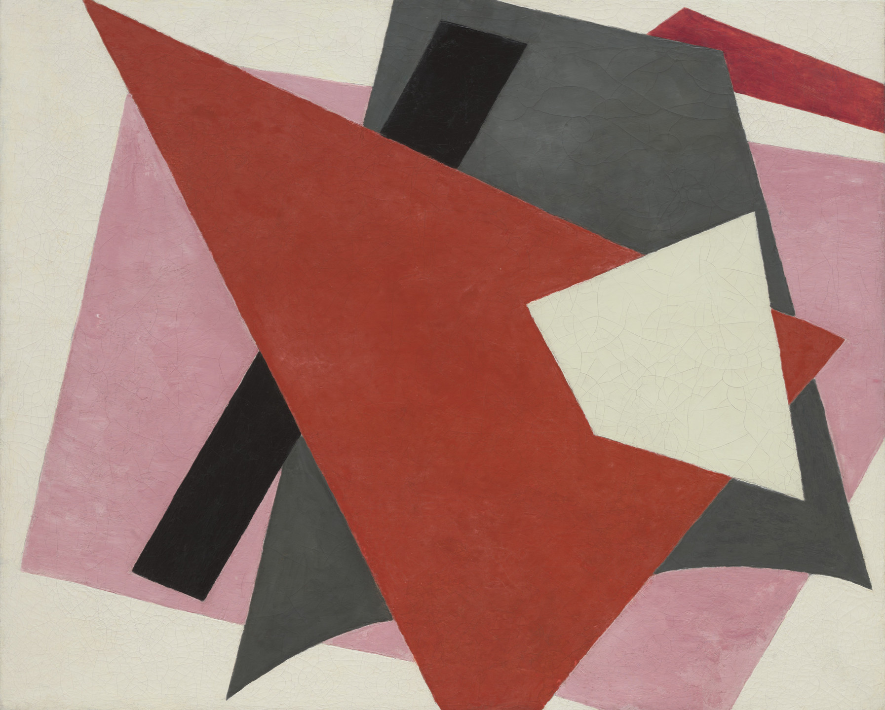 The image features overlapping geometric shapes in red, pink, black, white, and gray. The largest shapes are a red triangle, a pink rectangle, and a white quadrilateral. This is an AI generated description. To give feedback, email ai@moma.org.