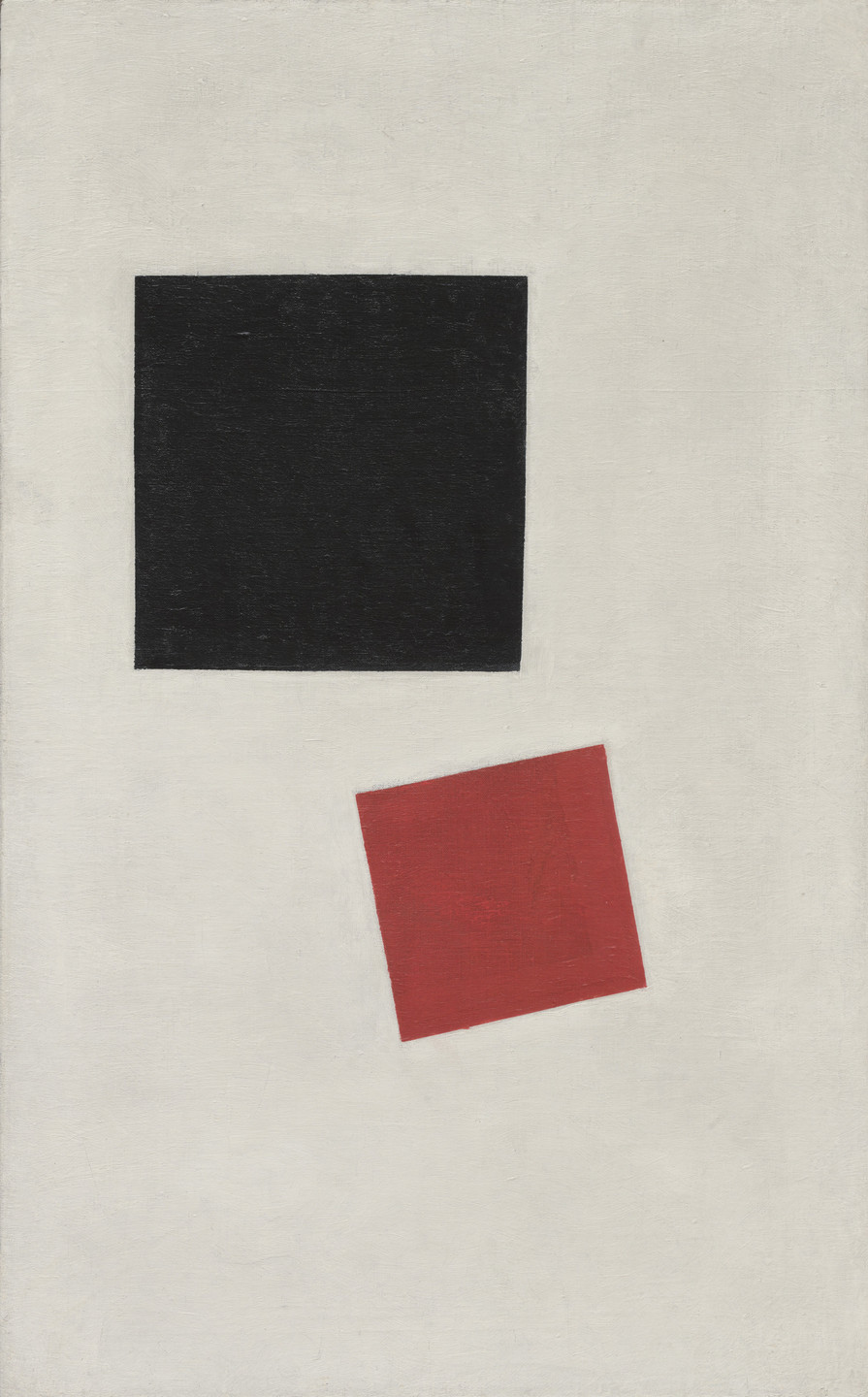 The image shows a large black rectangle near the top and a smaller red quadrilateral tilted to the right beneath it, set against a white background. The shapes are solid-colored with no other details. This is an AI generated description. To give feedback, email ai@moma.org.