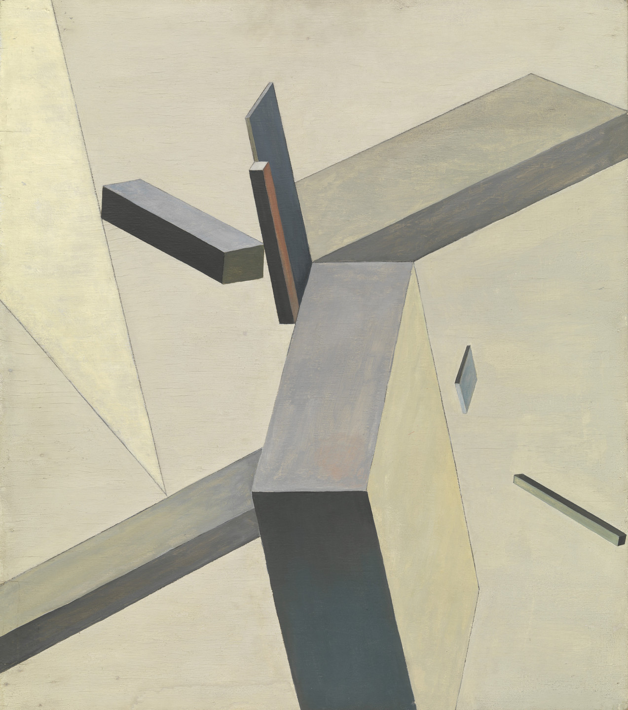The image features various geometric shapes in shades of beige, gray, and dark blue, arranged on a light beige background. Some shapes are three-dimensional blocks intersecting and overlapping at different angles. This is an AI generated description. To give feedback, email ai@moma.org.
