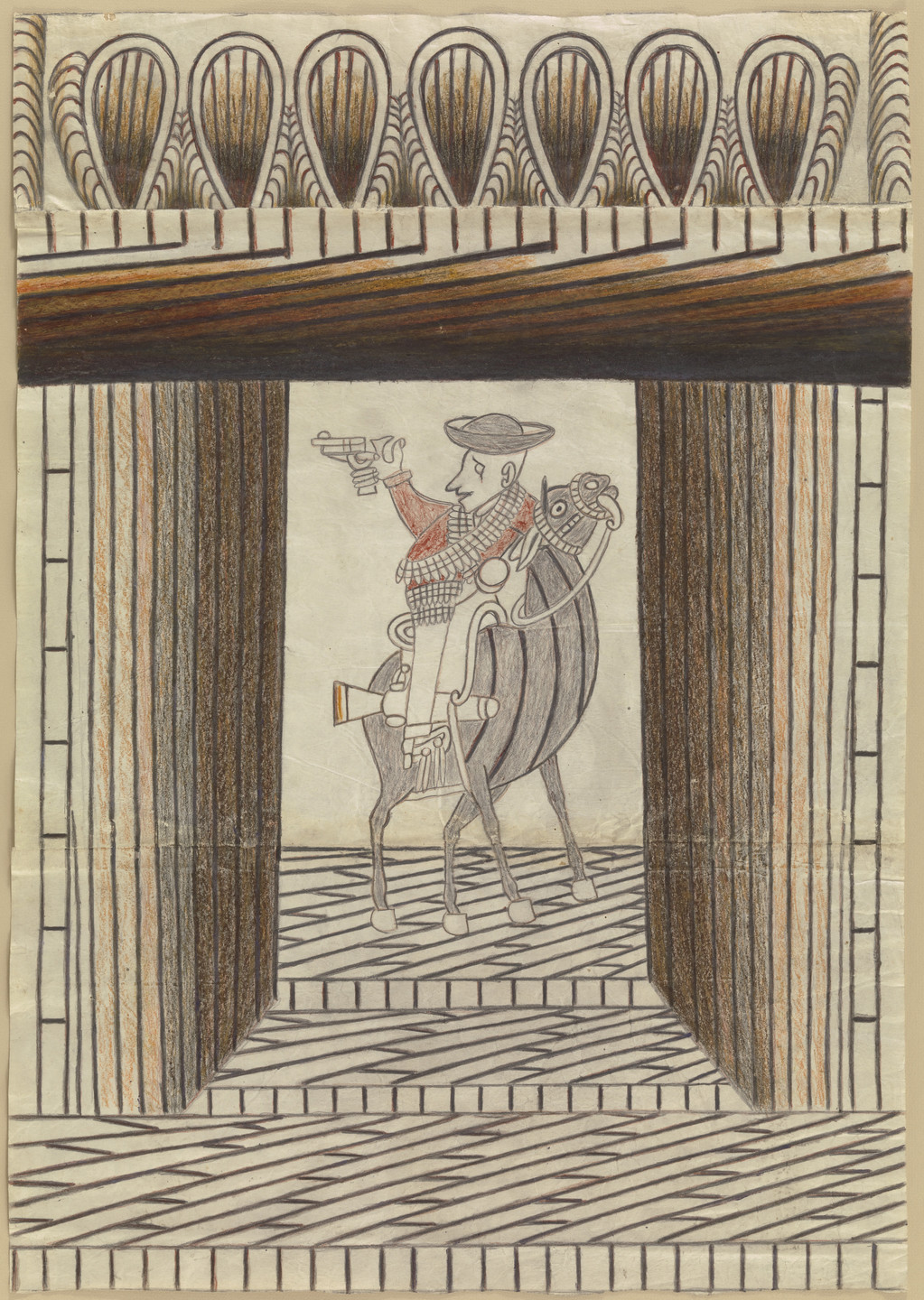 Martín Ramírez. Untitled (Figure with a gun on horseback). n.d.