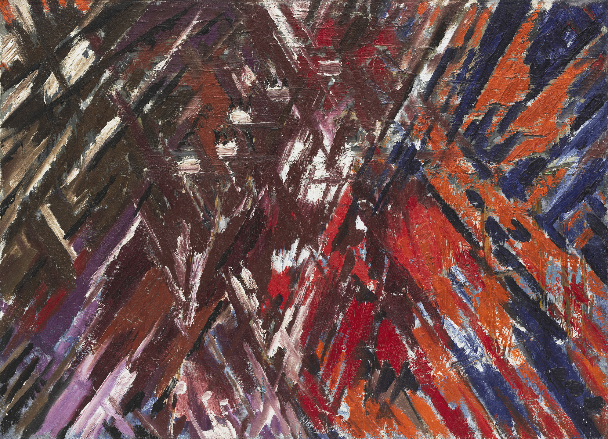 The image features a collection of intersecting, jagged lines and shapes with predominant colors of dark brown, maroon, red, orange, and blue. White highlights are scattered throughout the composition. This is an AI generated description. To give feedback, email ai@moma.org.