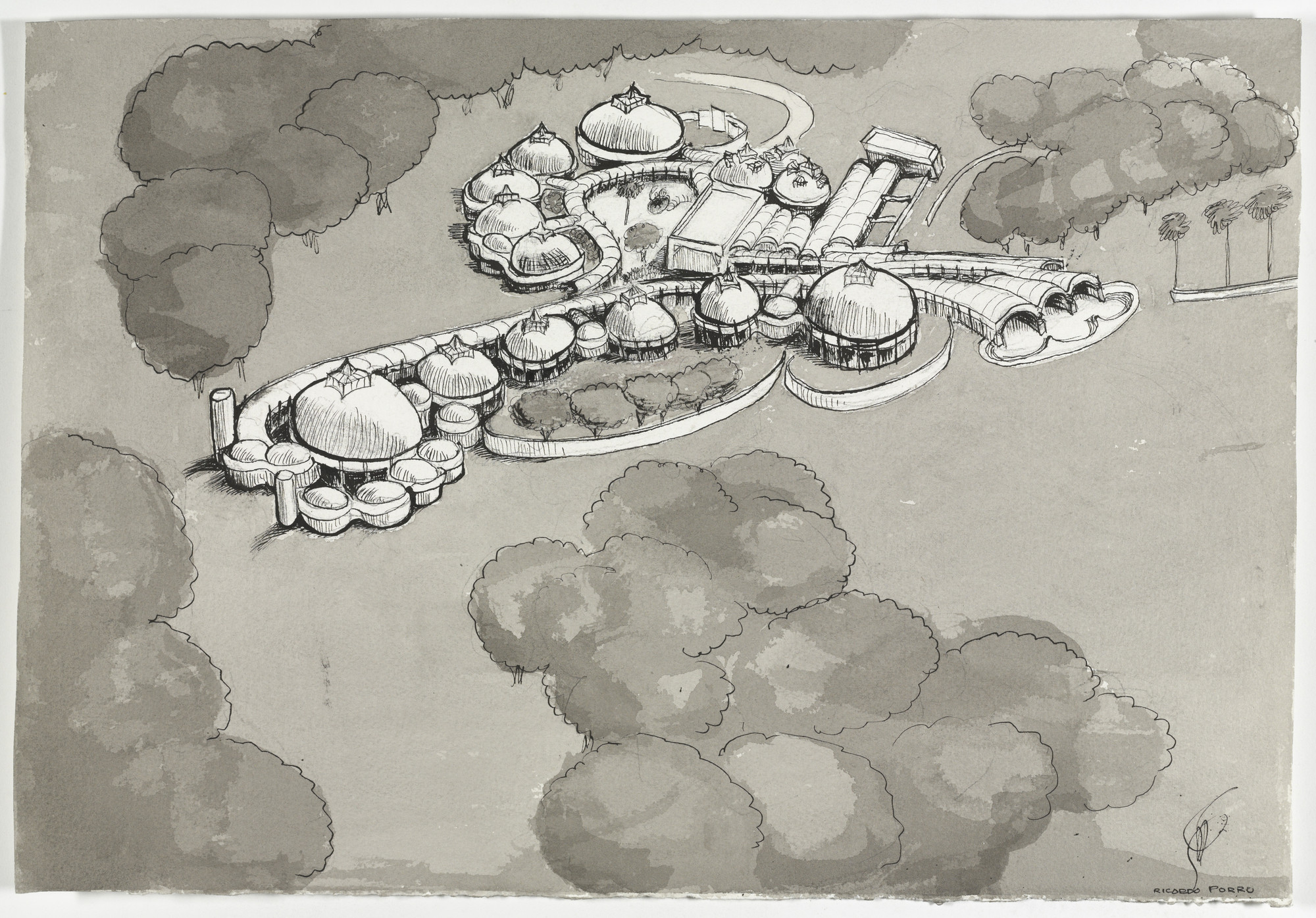 Ricardo Porro. Escuelas Nacionales de Arte de Habana-Cuba (Aerial perspective sketch). 1961–1965