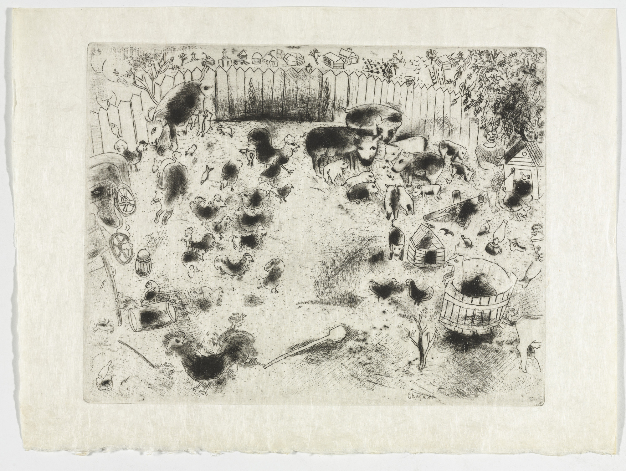 Marc Chagall. The Barnyard (La Basse-cour), plate XVII (supplementary suite) from Les Âmes mortes