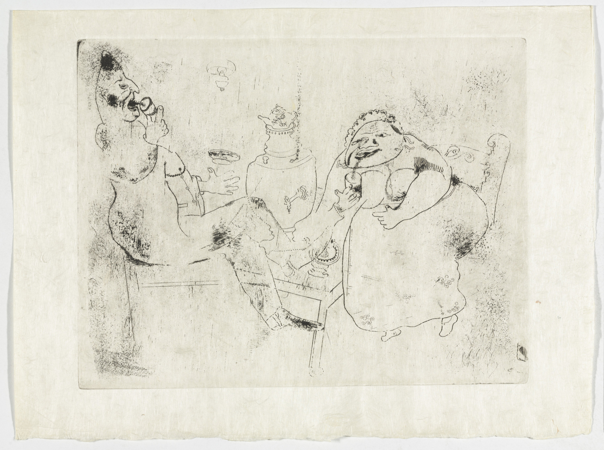 Marc Chagall. The Morning Tea (Le Thé du matin), plate XVIII (supplementary suite) from Les Âmes mortes