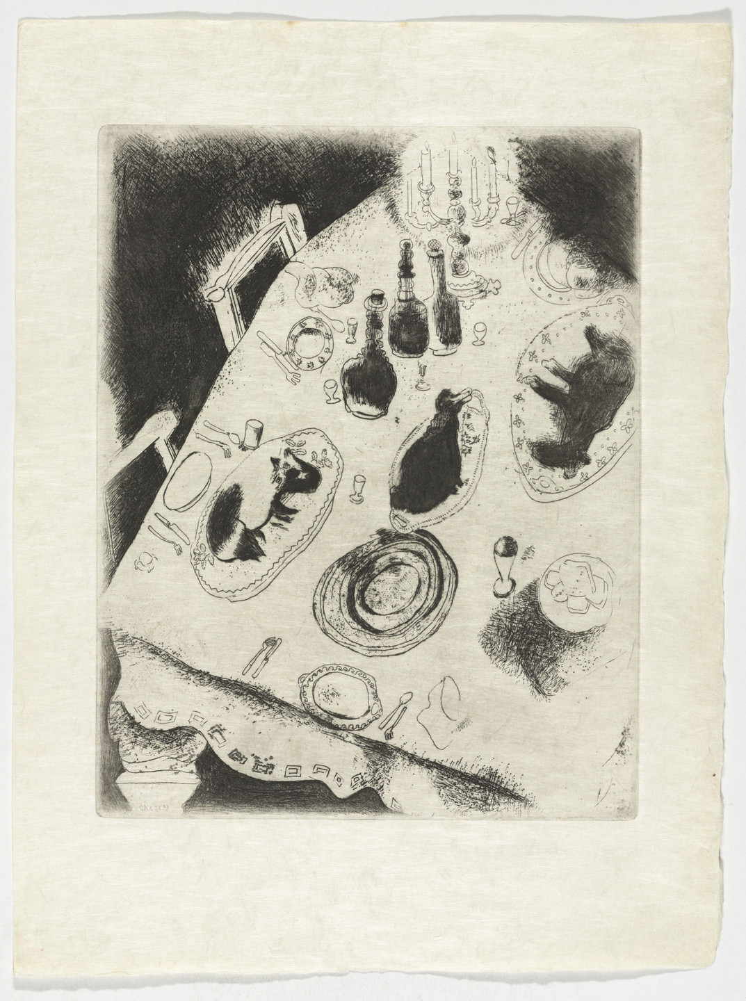 Marc Chagall. The Table Piled with Food (La Table chargée de victuailles), plate XXXV (supplementary suite) from Les Âmes mortes. 1923-48