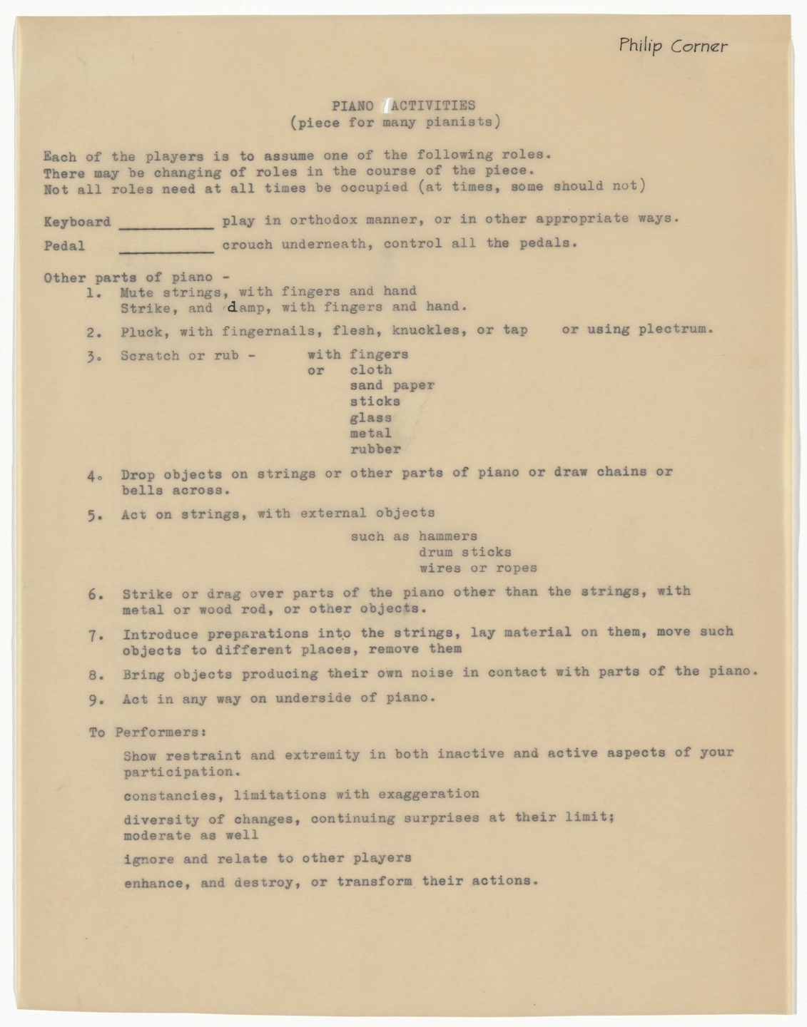 Philip Corner. Piano Activities. 1962