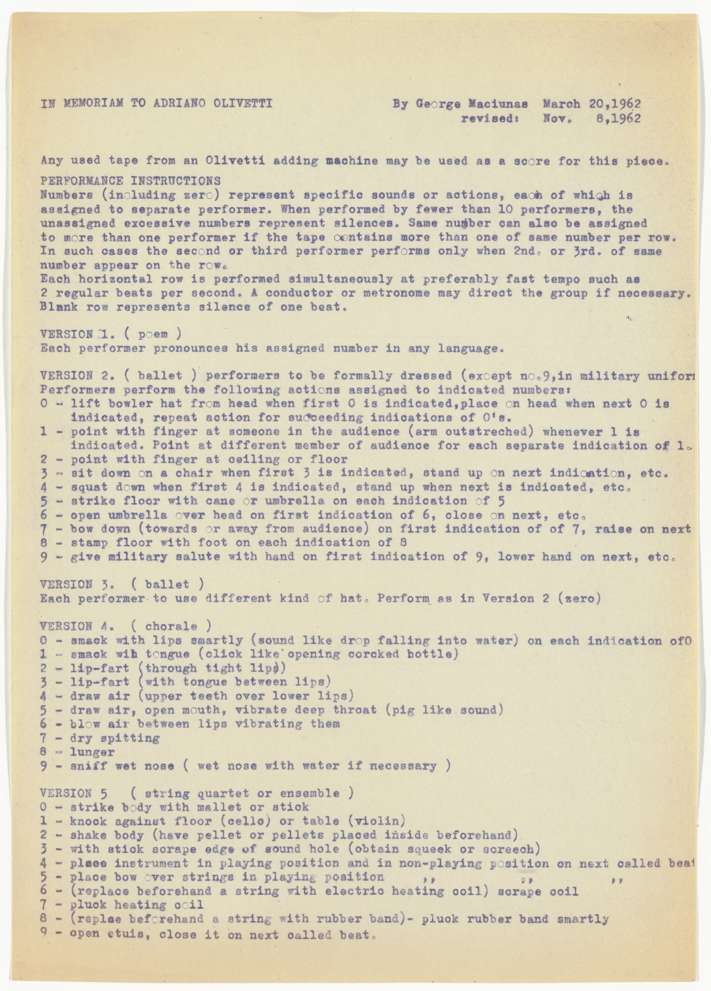 George Maciunas. In Memoriam to Adriano Olivetti Versions 1-5