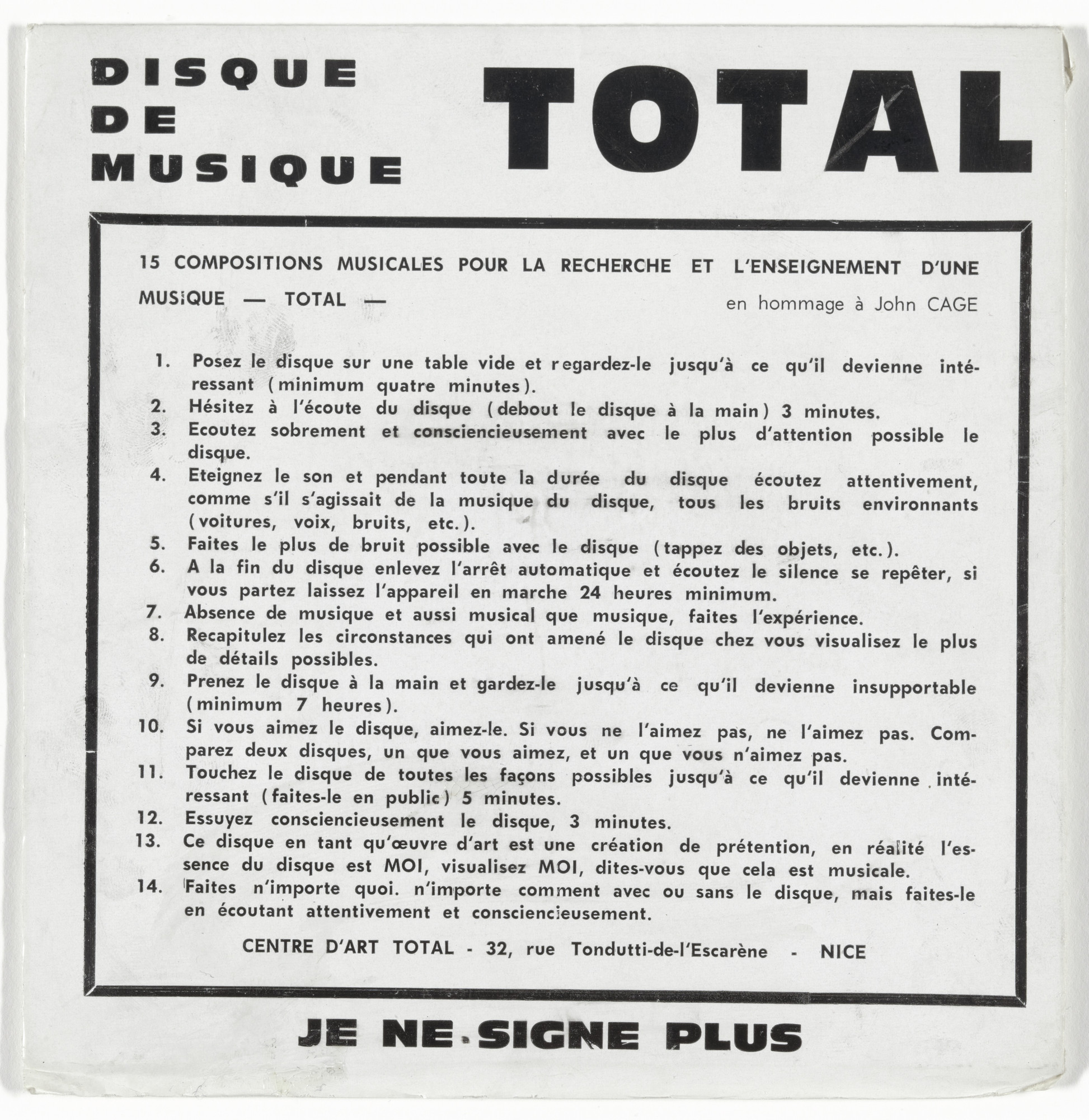 Ben Vautier. Record of Music Total (Disque de Musique Total)