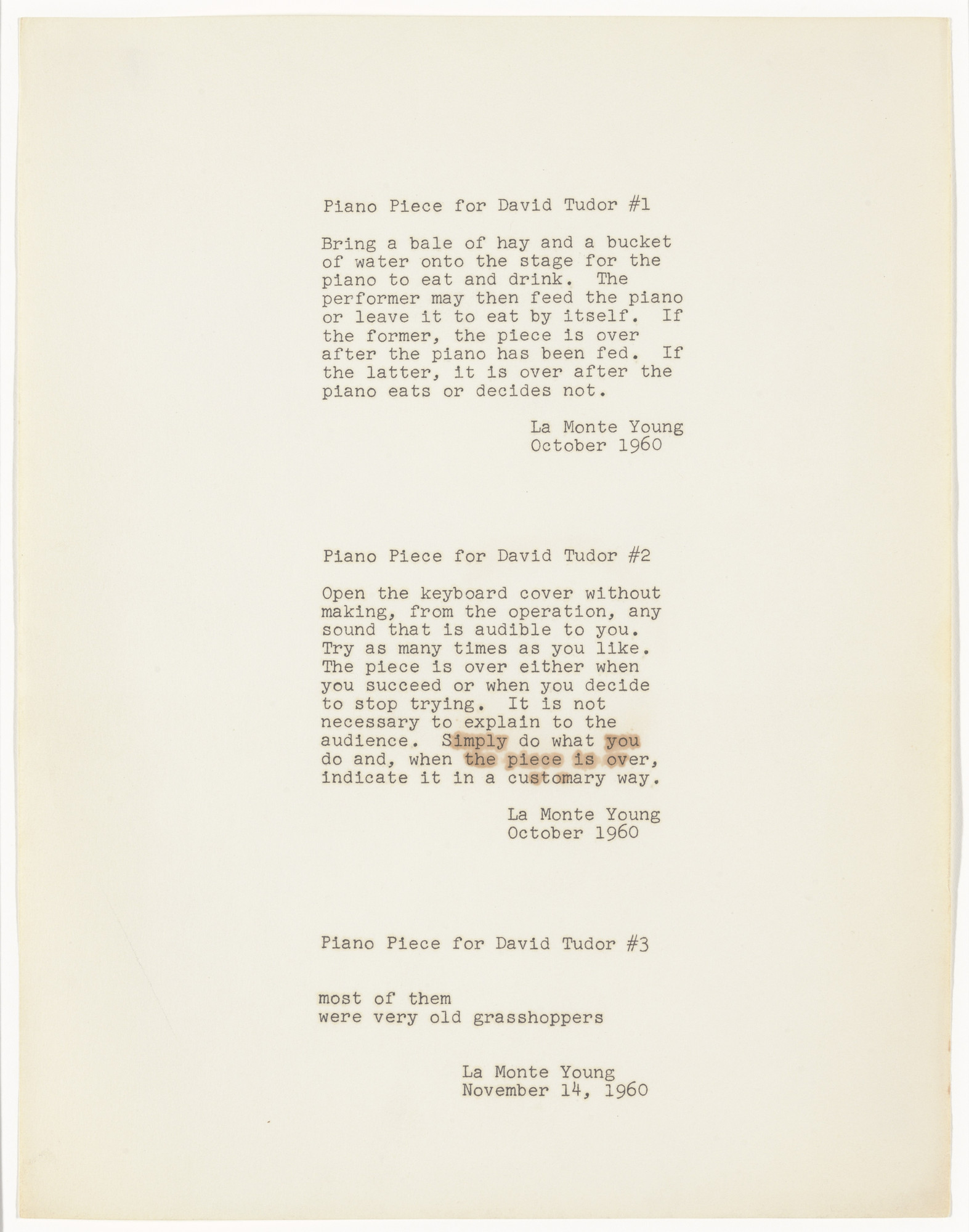 La Monte Young Piano Piece For David Tudor 1 Piano Piece For David Tudor 2 Andpiano Piece For David Tudor 3 1960 Moma