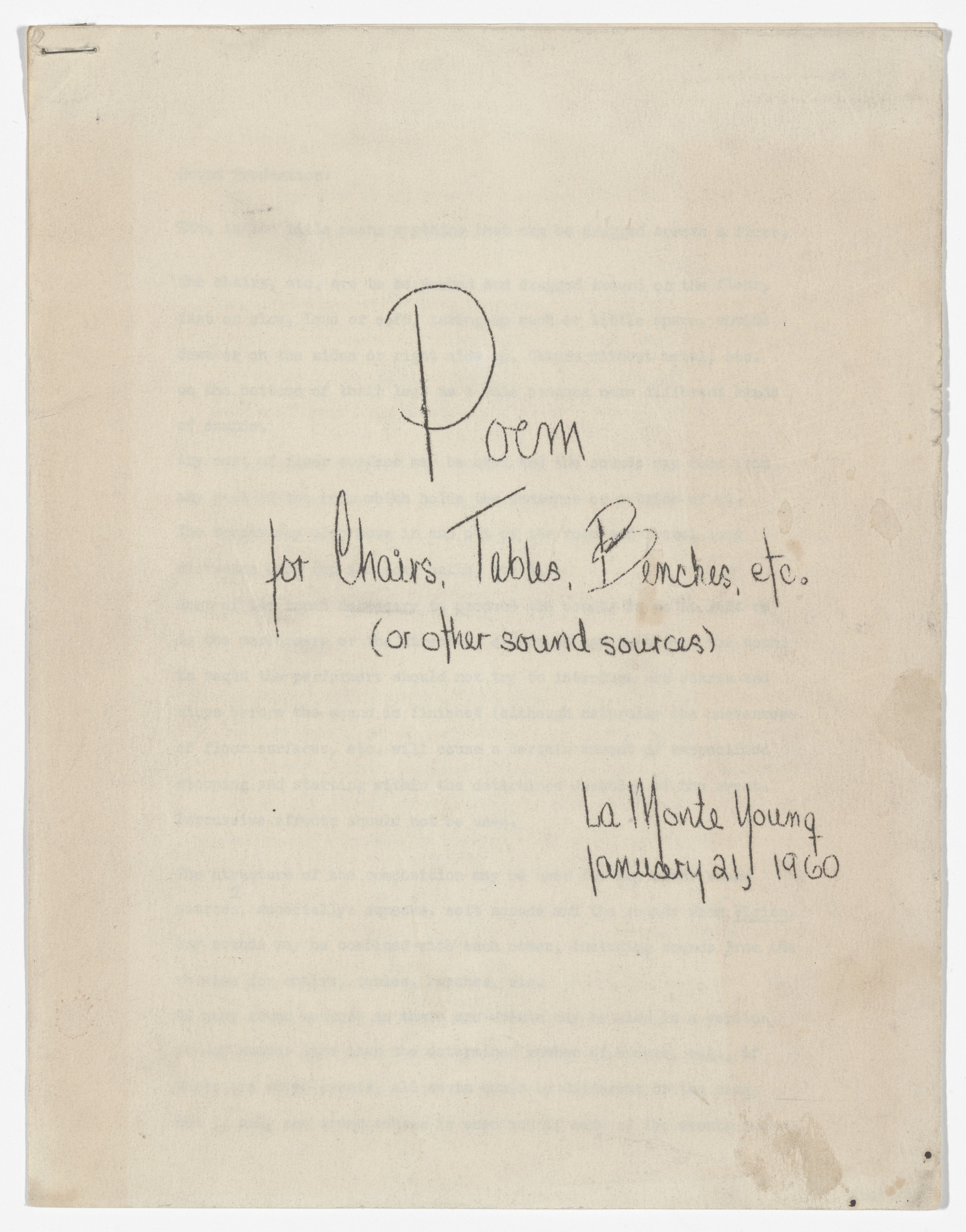 La Monte Young. Poem for Chairs, Tables, Benches, Etc. (Or Other Sound Sources)