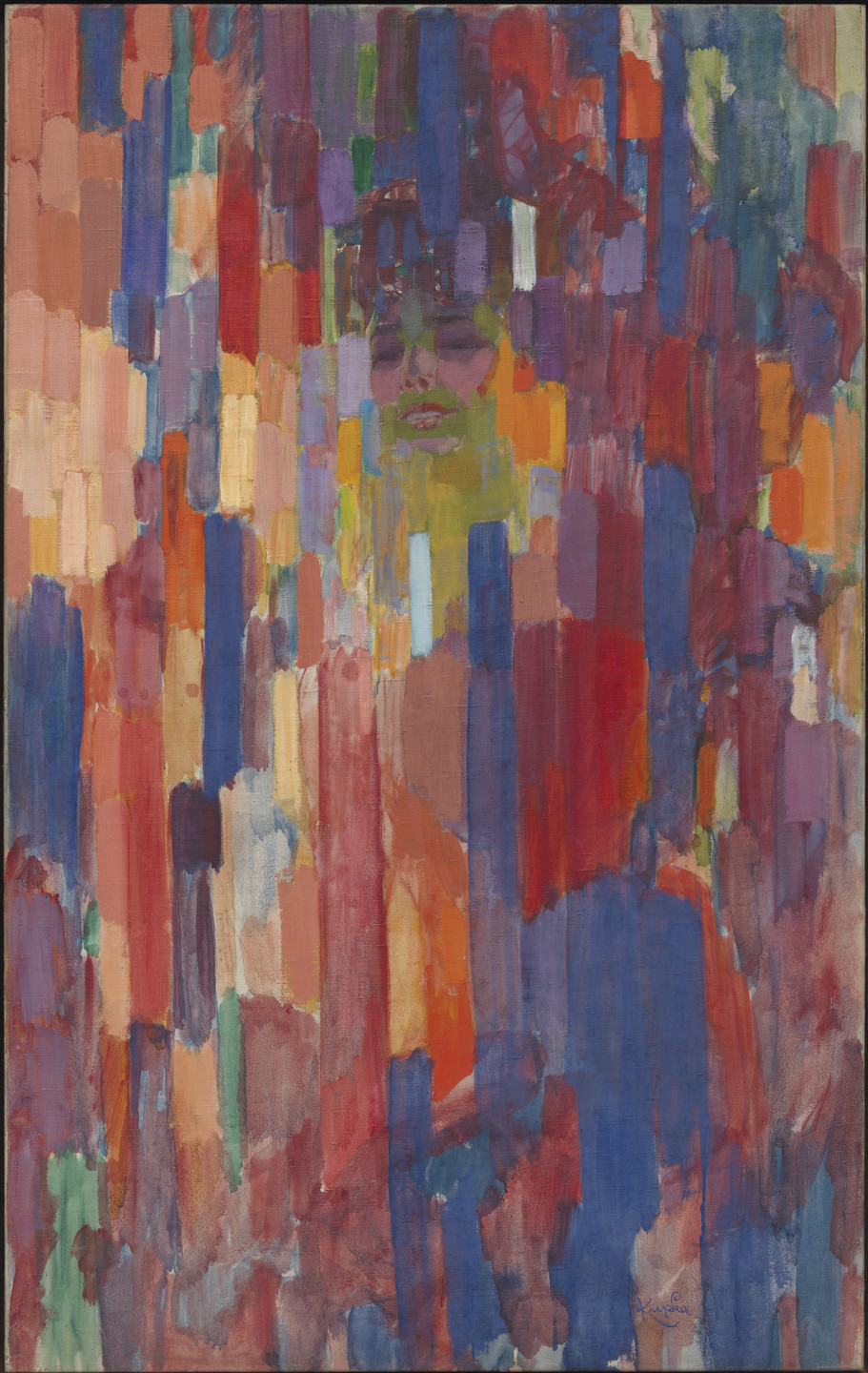Near the top center of this painting, a woman's face made of pink, purple and green peeks through an overall layer of vertical brushstrokes in vibrant reds, blues, oranges, and purples. This is an AI generated description. To give feedback, email ai@moma.org.