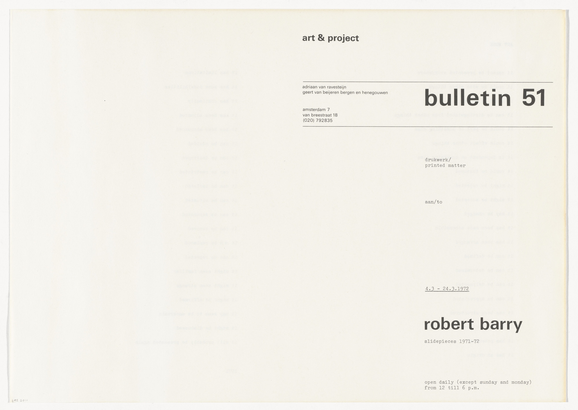 Robert Barry. Art & Project Bulletin #51