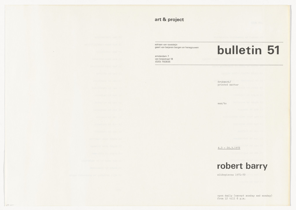 Art & Project Bulletin #51, Robert Barry, 1971–72