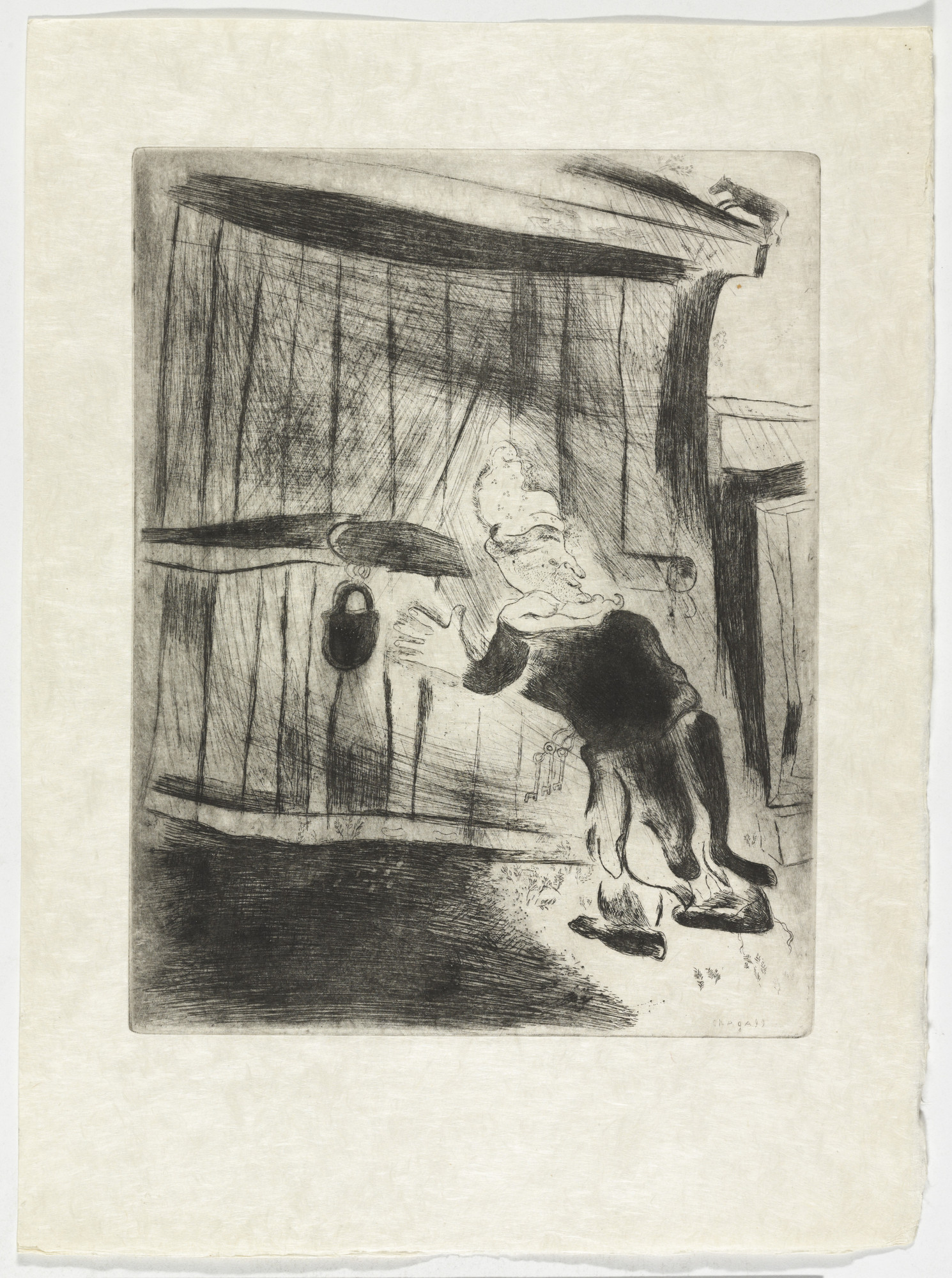 Marc Chagall. Pliouchkine at the Door (Pliouchkine à la porte), plate XL (supplementary suite) from Les Âmes mortes