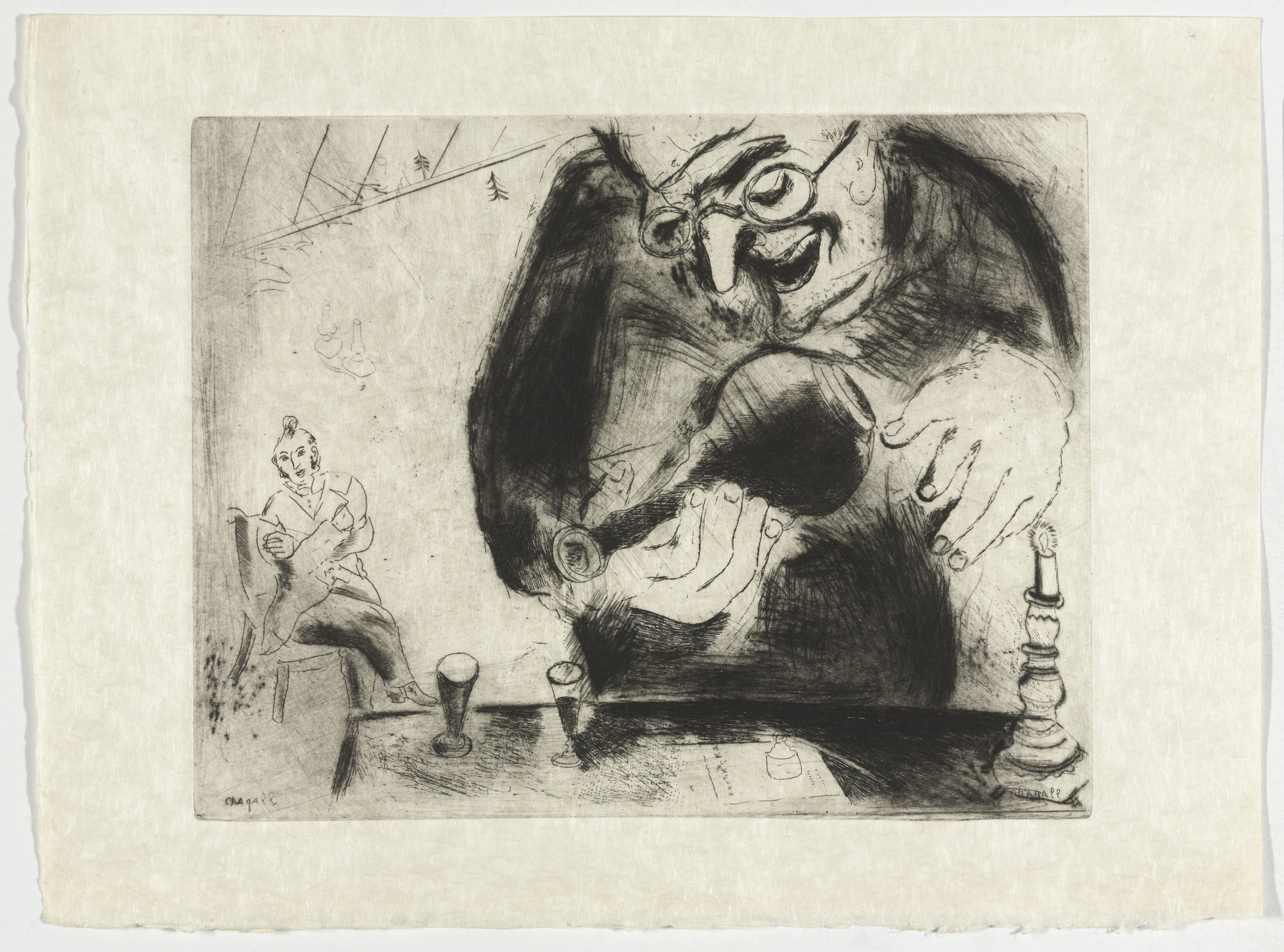 Marc Chagall. Pliouchkine Offers a Drink (Pliouchkine offre à boire), plate XLIV (supplementary suite) from Les Âmes mortes