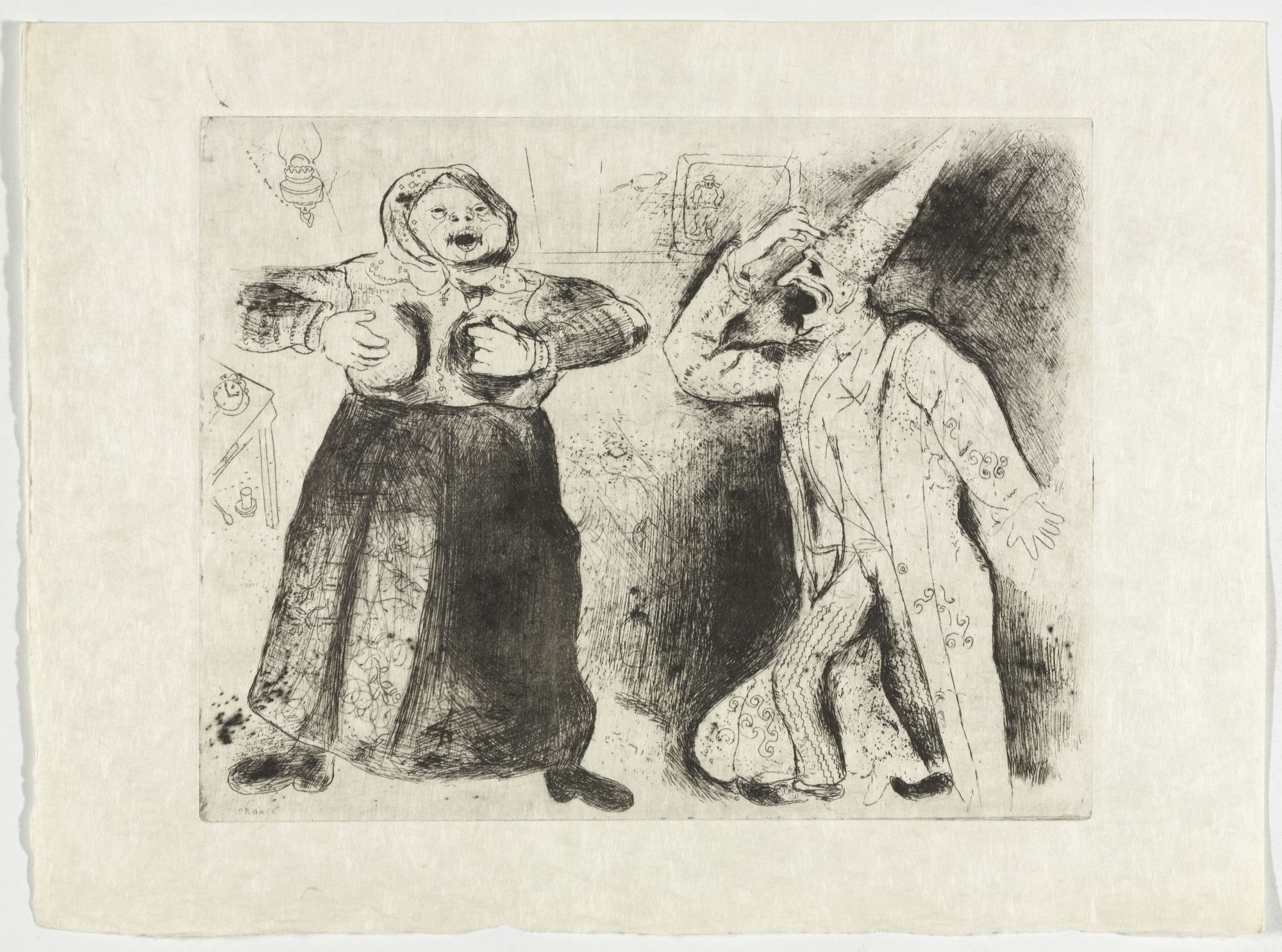 Marc Chagall. Dispute Between Pliouchkine and Mavra (Dispute de Pliouchkine et de Mavra), plate XLVI (supplementary suite) from Les Âmes mortes