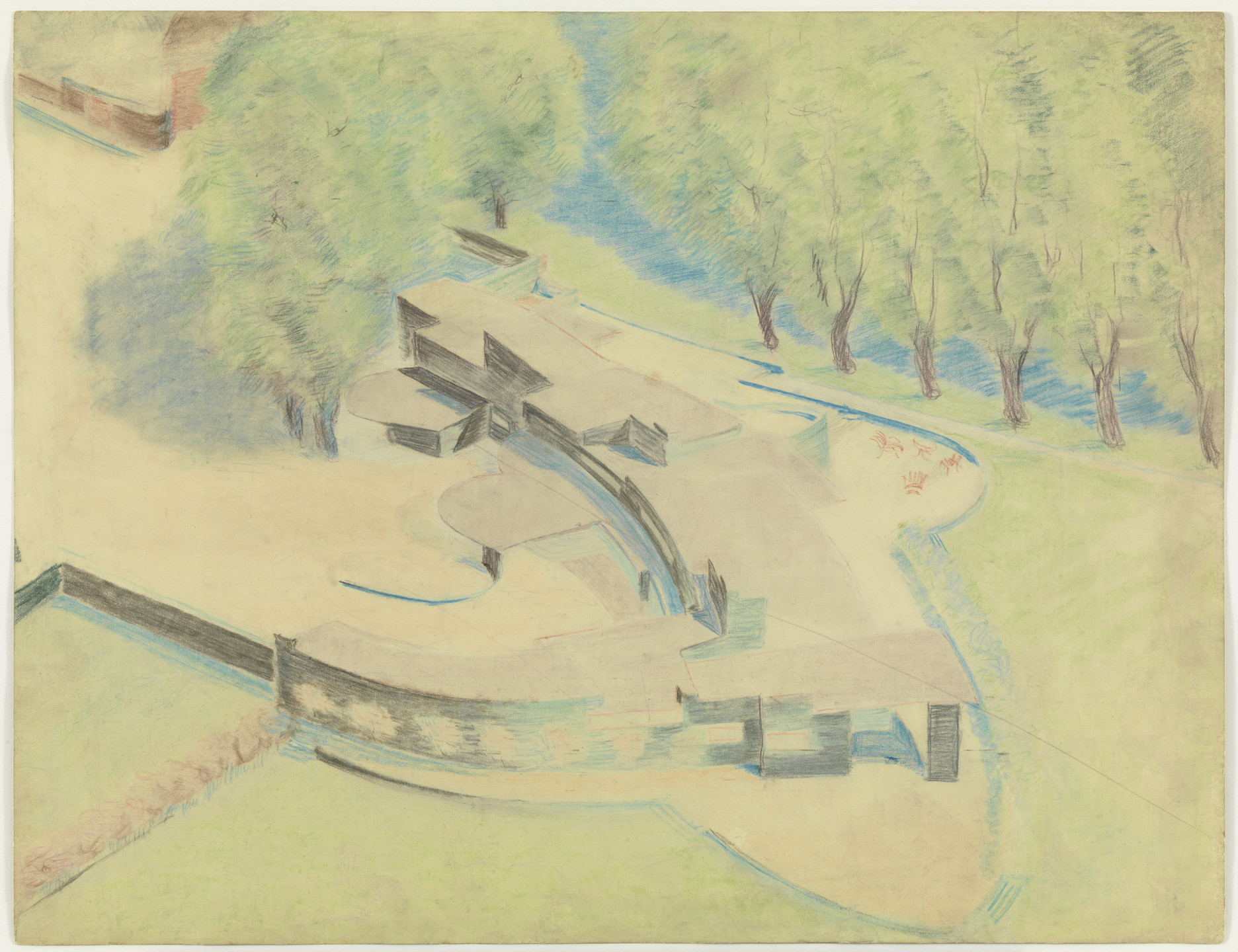 Hugo Häring. Farmhouse at Gut Garkau, near Lübeck, Germany Project (Aerial perspective). 1922–1926
