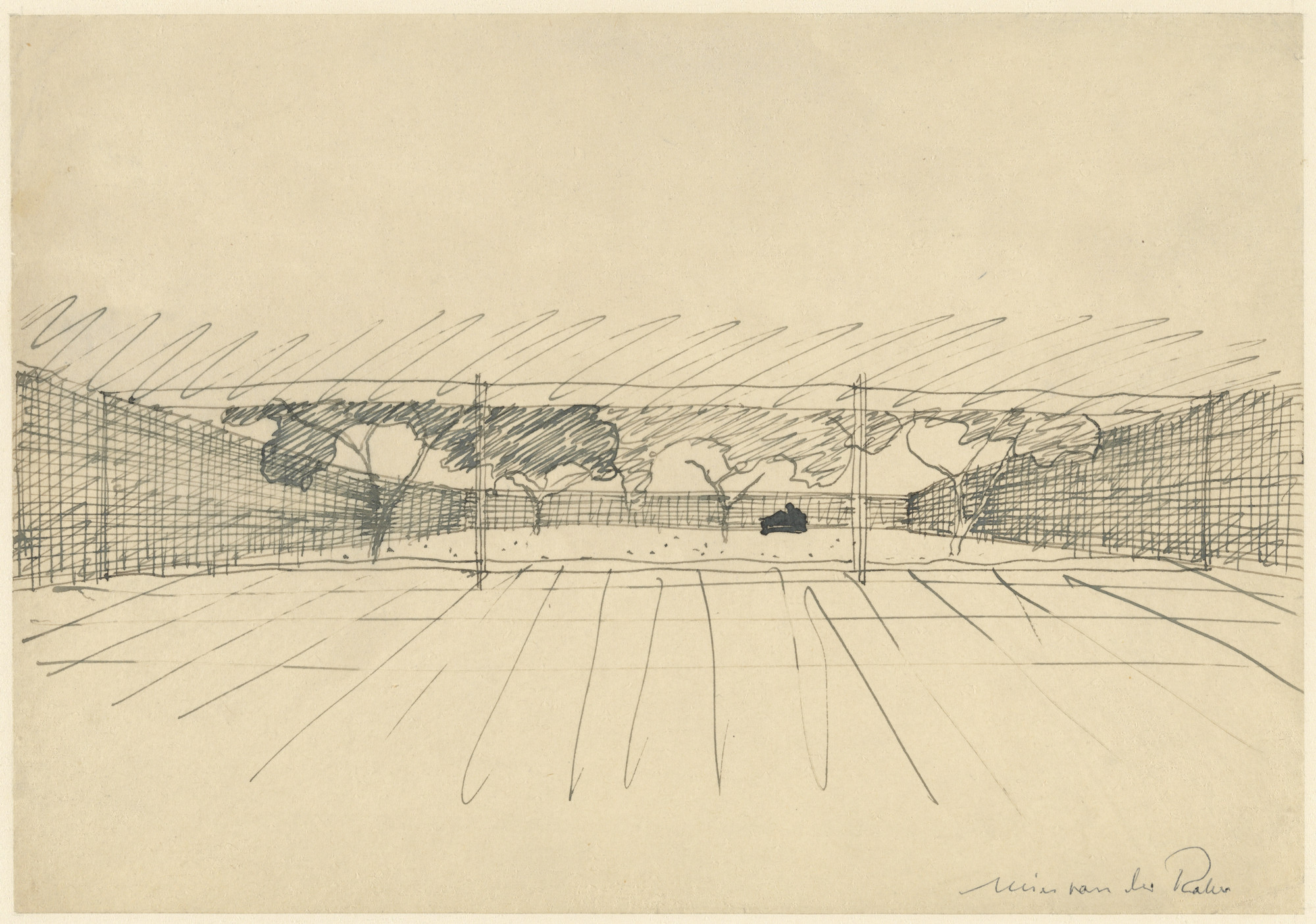 Ludwig Mies van der Rohe. Court House, project, Perspective sketch with mural. 1934