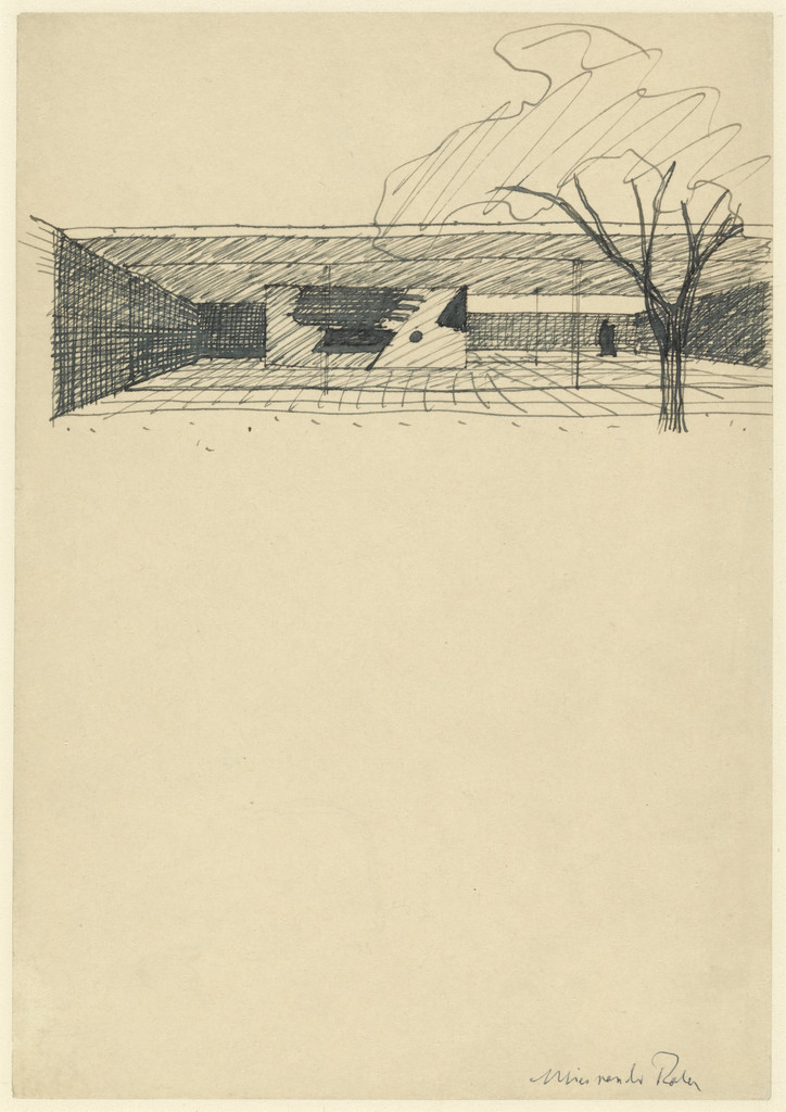 Court House, project (Perspective sketch with garden sculpture)