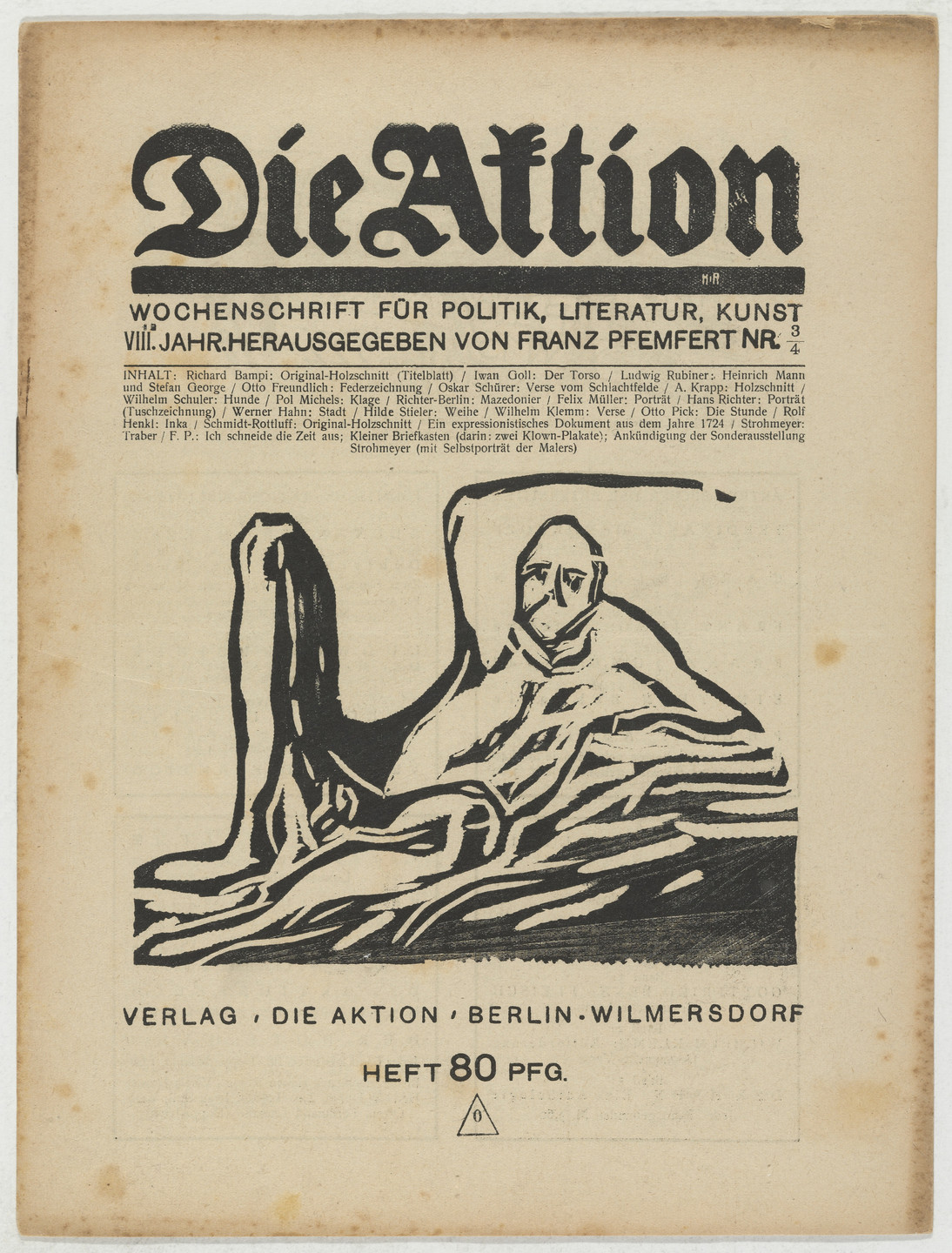 Richard Bampi, A. Krapp, Wilhelm Schuler, Conrad Felixmüller, Hans Richter, Karl Schmidt-Rottluff, Ottheinrich Strohmeyer. Die Aktion, vol. 8, no. 3/4. January 26, 1918