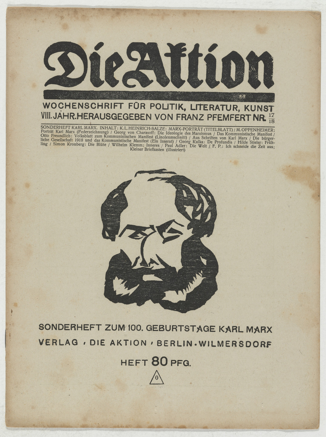 Katharina Heise (Karl Luis Heinrich-Salze), Otto Freundlich, Augusta von Zitzewitz. Die Aktion, vol. 8, no. 17/18. May 4, 1918