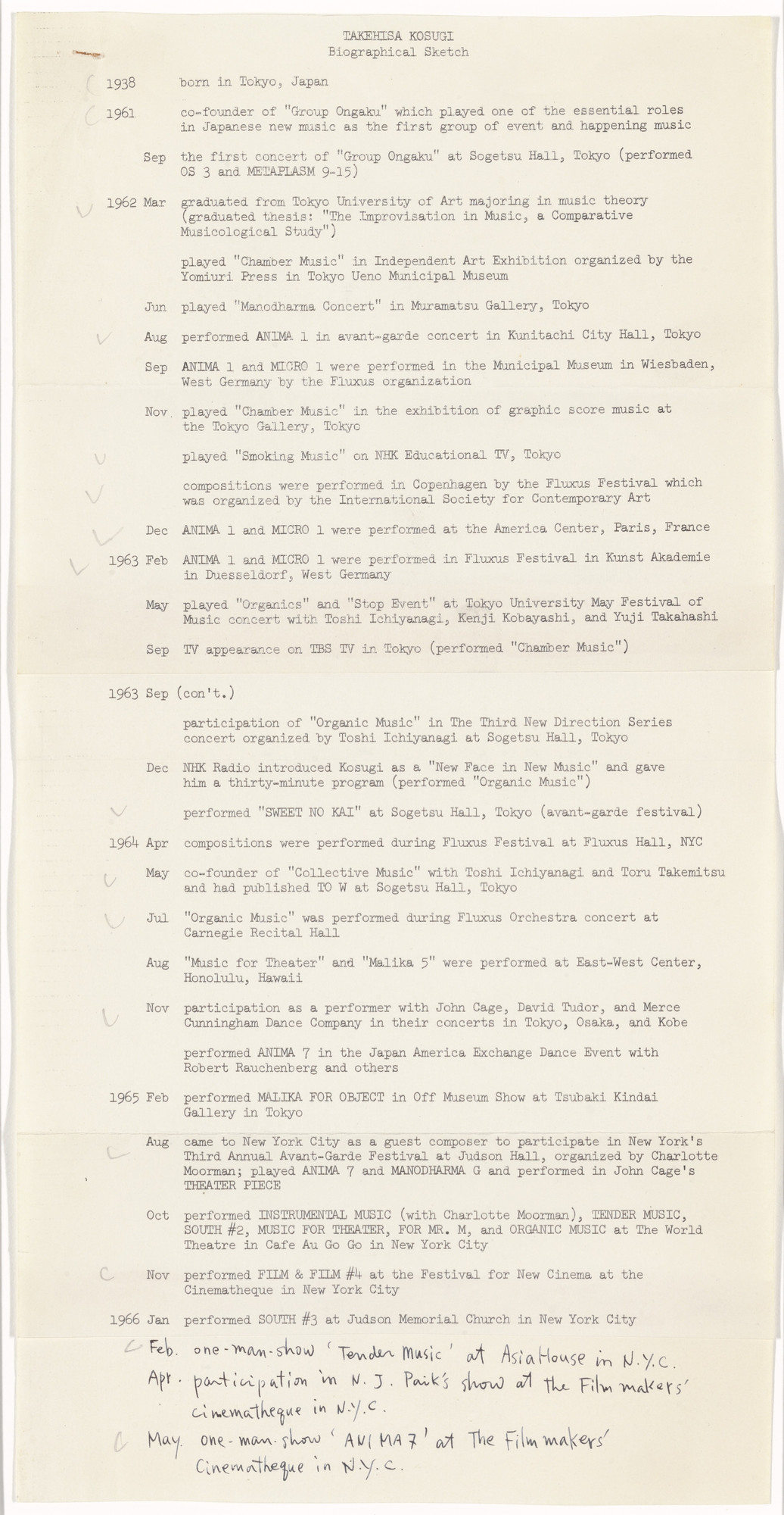 Takehisa Kosugi. Biographical Sketch , Anima 7 , Tender Music , For Mr. M , Instrumental Music , To W. , Organic Music , and Film & Film #4