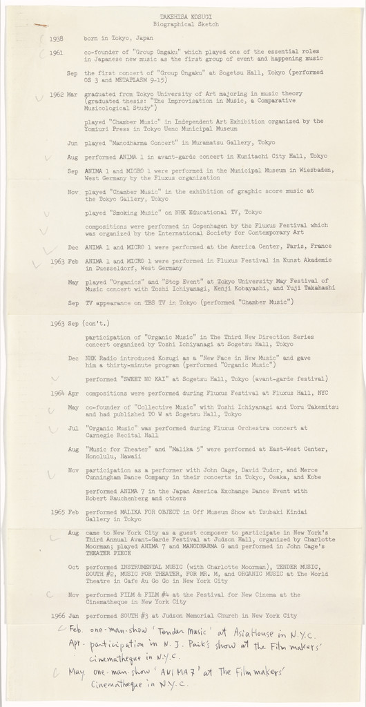 Biographical Sketch, Anima 7, Tender Music, For Mr. M, Instrumental Music, To W., Organic Music, and Film & Film #4