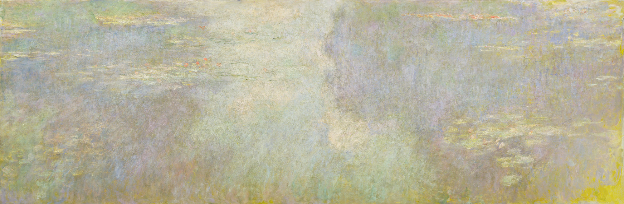 A painting of a pond with water lilies, with predominant colors of blues, purples, and greens, accented by light patches. The surface of the pond reflects the sky, with faint hints of floral shapes. This is an AI generated description. To give feedback, email ai@moma.org.