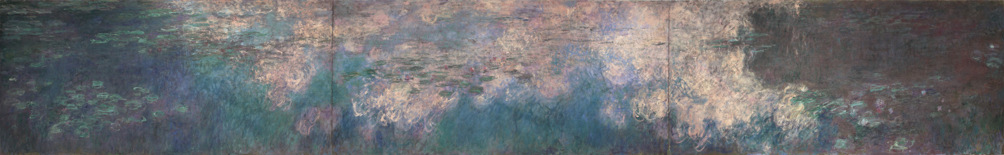 This 3 paneled-horizontal painting depicts water lilies on a pond with reflections of the sky and trees in the water. Predominant colors include shades of blue, green, pink, purple, and hints of white. This is an AI generated description. To give feedback, email ai@moma.org.