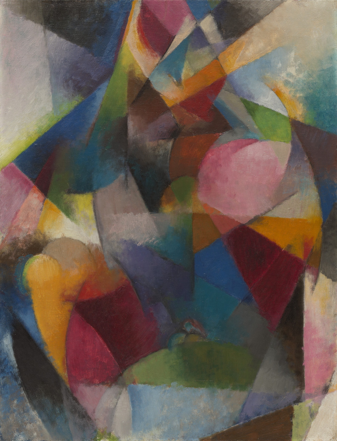 The image features a composition of overlapping geometric shapes with vibrant and muted colors, including reds, blues, greens, yellows, purples, and browns. The shapes blend into one another, creating a multifaceted and colorful visual. This is an AI generated description. To give feedback, email ai@moma.org.