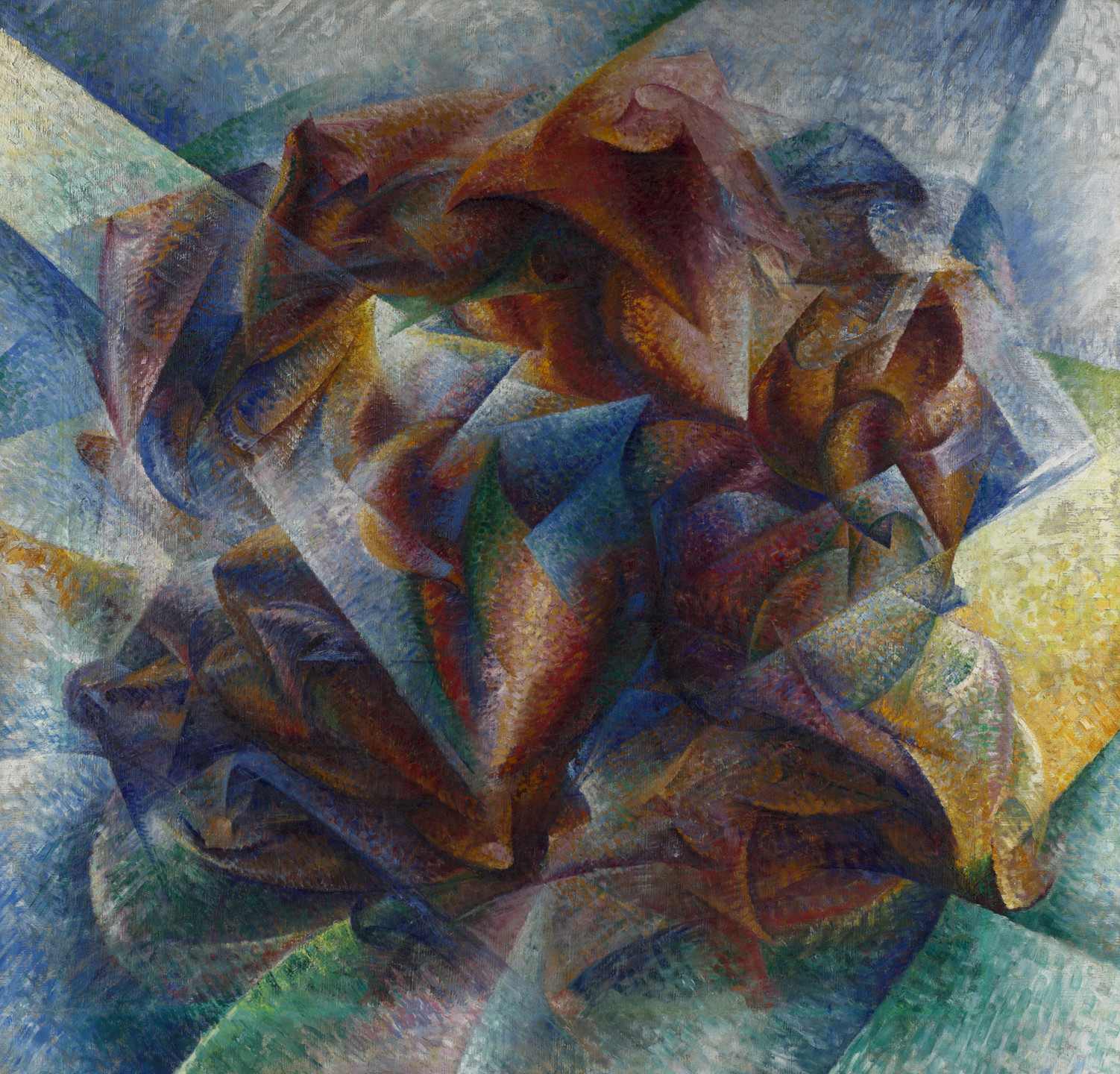 The image consists of overlapping geometric shapes and round forms with a predominance of deep reds, blues, greens, yellows, and purples. The background features lighter shades of blue and green. This is an AI generated description. To give feedback, email ai@moma.org.