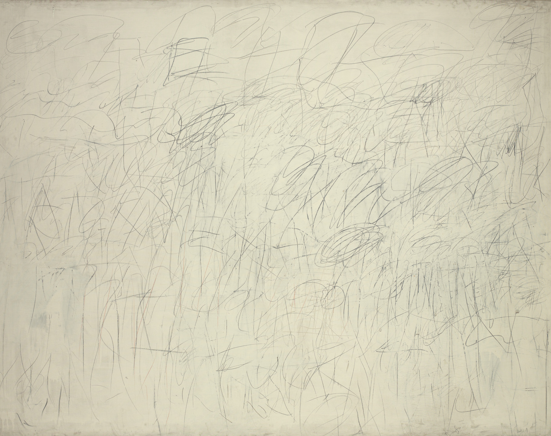 The image consists of a predominantly off-white background with numerous overlapping, loose pencil scribbles and lines in shades of gray and black. The scribbles vary in direction, density, and curvature, creating a chaotic pattern across the entire surface. This is an AI generated description. To give feedback, email ai@moma.org.